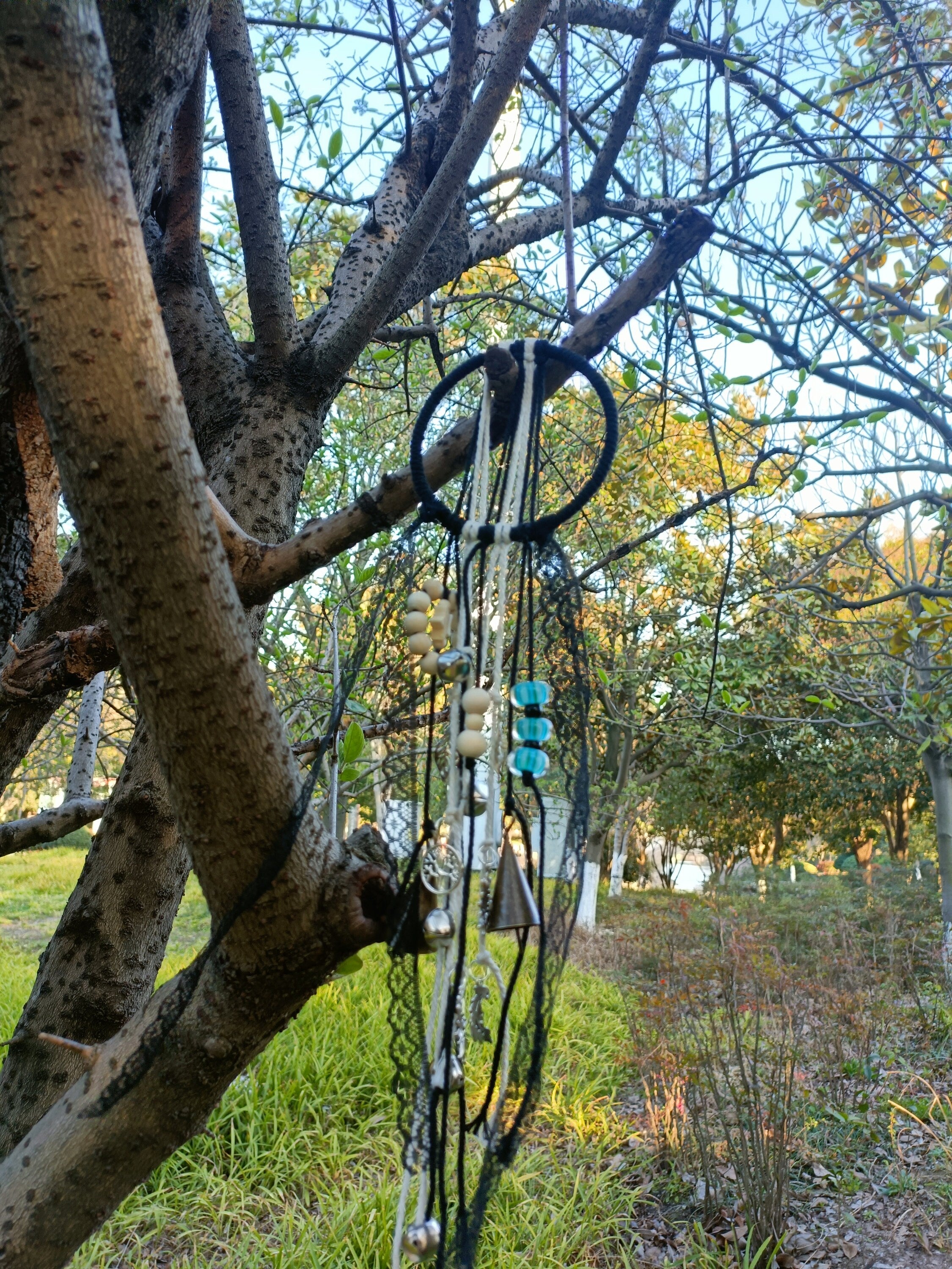 Black Witch Bells with Murano Glass Beads, Witch Protection Bells for Halloween, Wicca Altar House Doorknob Hanging Bell for Garden Decor