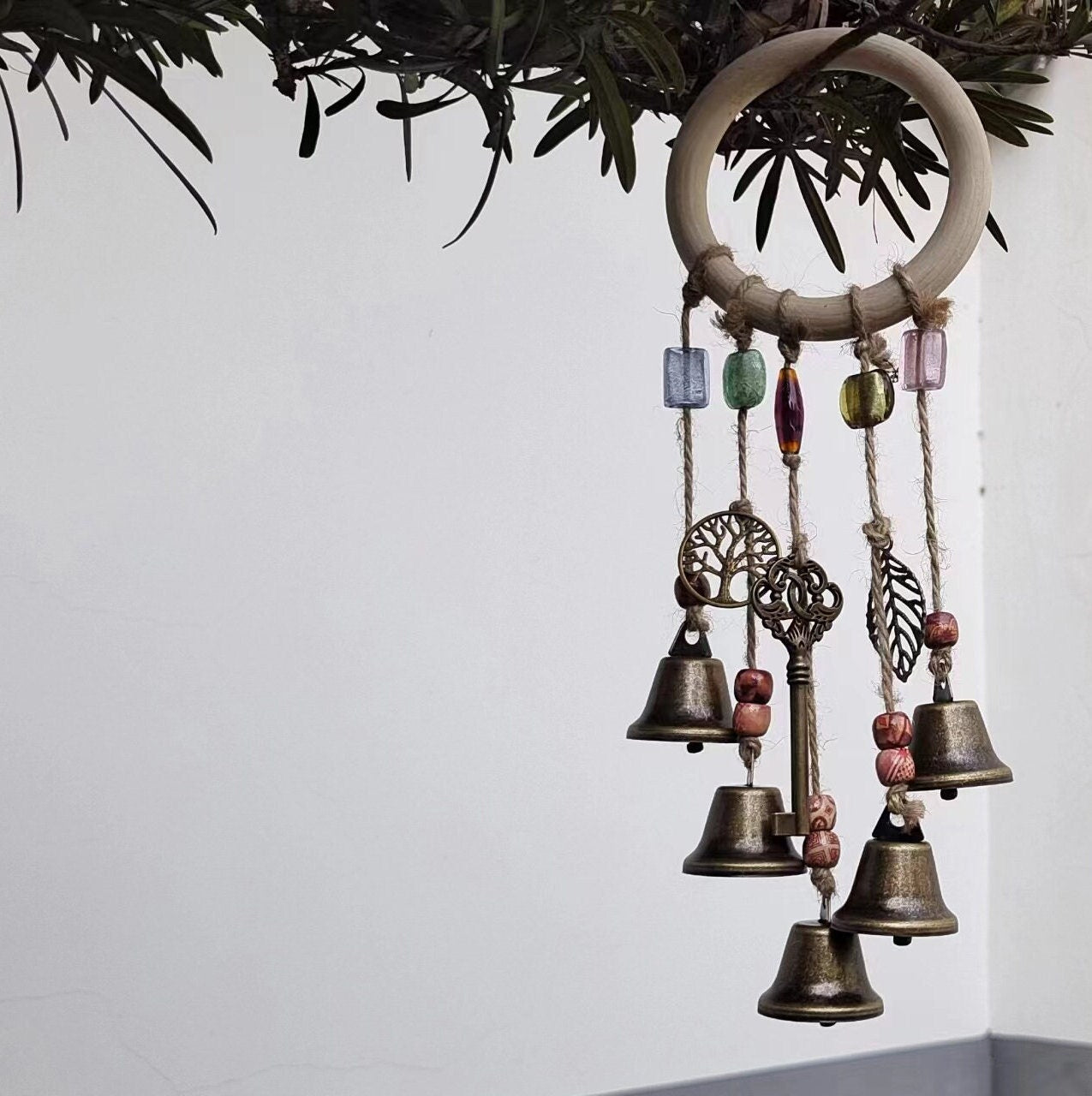 Log Wreath Witch Bells, Hanging Witch Bells, Witch Bells for Door Knob, Rustic Bells for Kitchen, Harmony Witch Bells