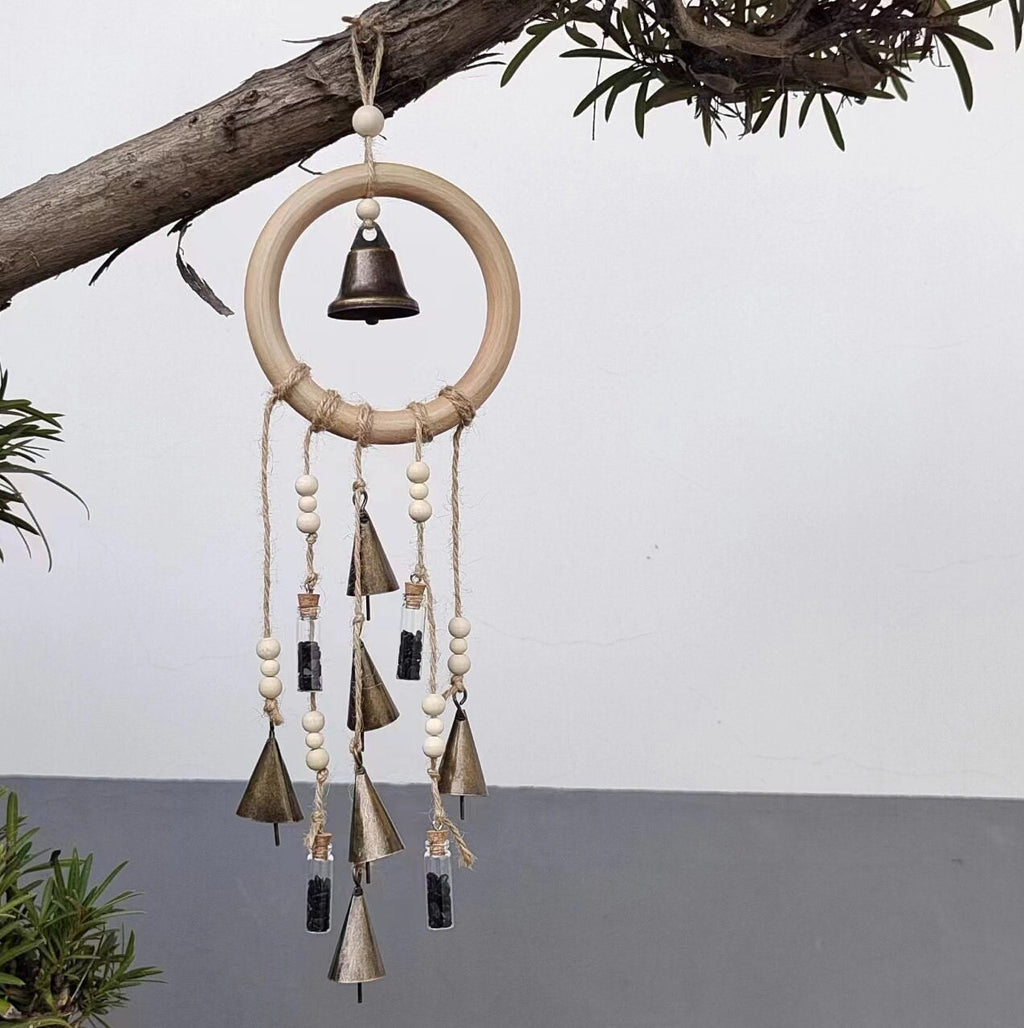 Wood Loop Wind Chime, Hanging Bells for Door Protection, Wooden Ring Witch Bells for Wreath, Wicca Decor