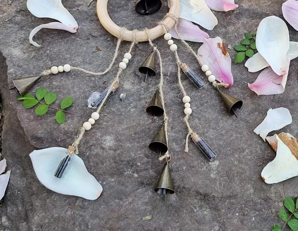 Wood Loop Wind Chime, Hanging Bells for Door Protection, Wooden Ring Witch Bells for Wreath, Wicca Decor