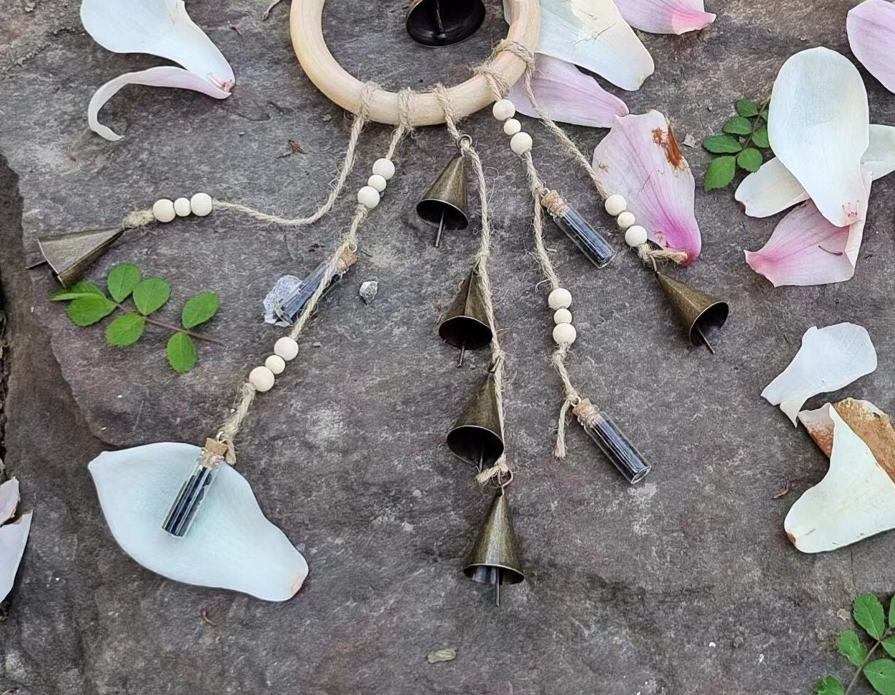 Wood Loop Wind Chime, Hanging Bells for Door Protection, Wooden Ring Witch Bells for Wreath, Wicca Decor