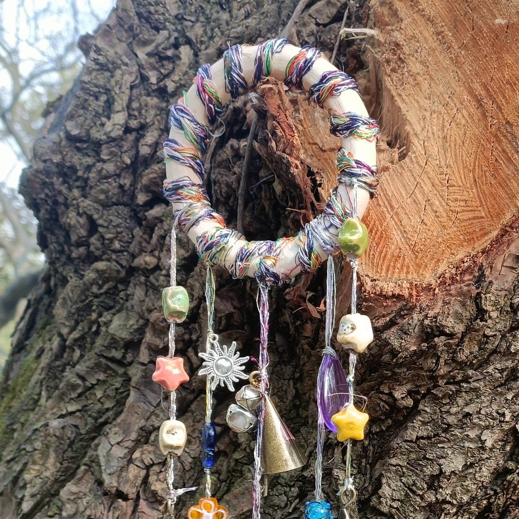 Log Witch Bells, Hanging Bells for Door, Witch Bells with Colorful Hemp Ropes, Witchy Decor for Home, Wiccan Decorations, Witch Gifts