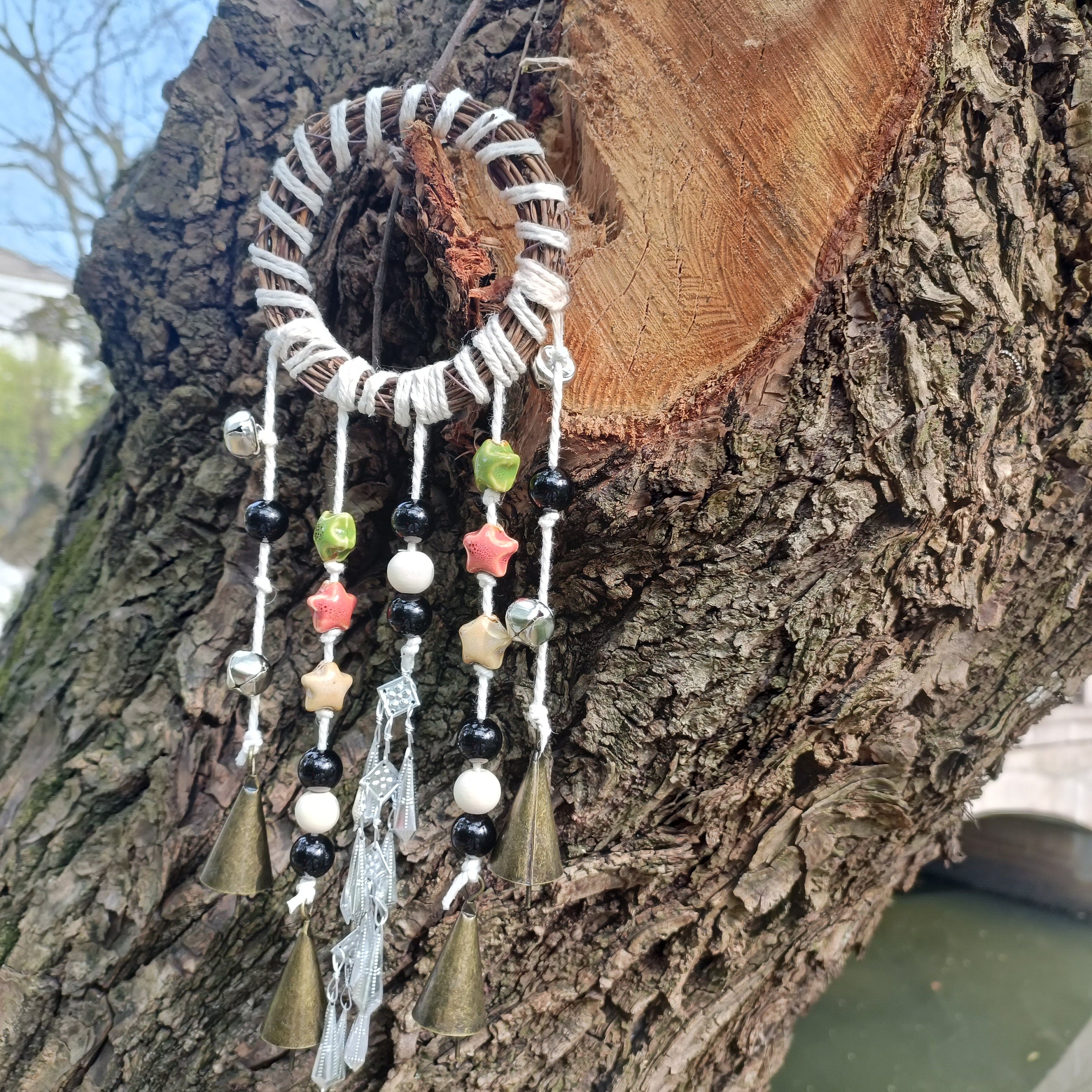 White Witch Bells, Hanging Bells on Rope, Hanging Bells for Temple, Pagan Decor, Witchcraft Supplies Kit