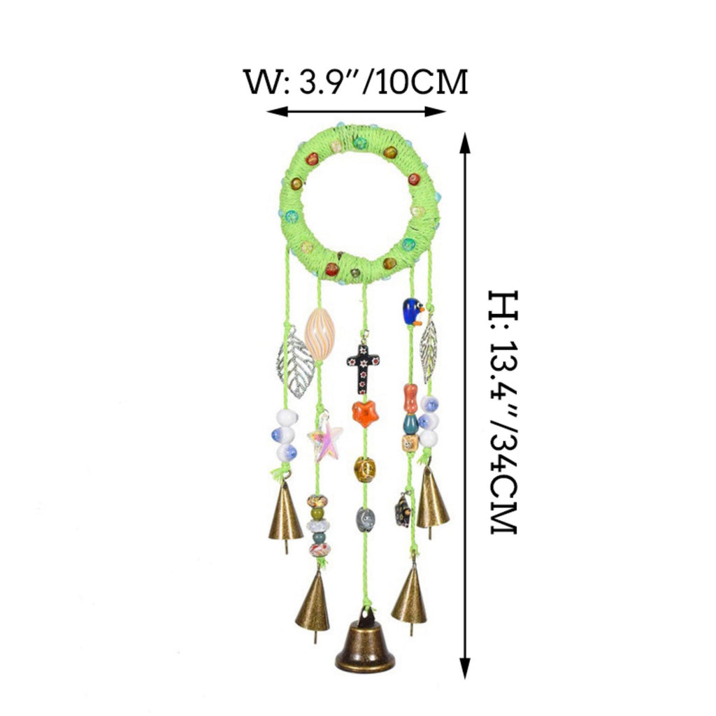 Witch Bells with Green Wreath, Hanging Wind Chime Suncatcher For Window, Door Hanger, Chime with 5 Brass Bells, Entry Way Protection Bells