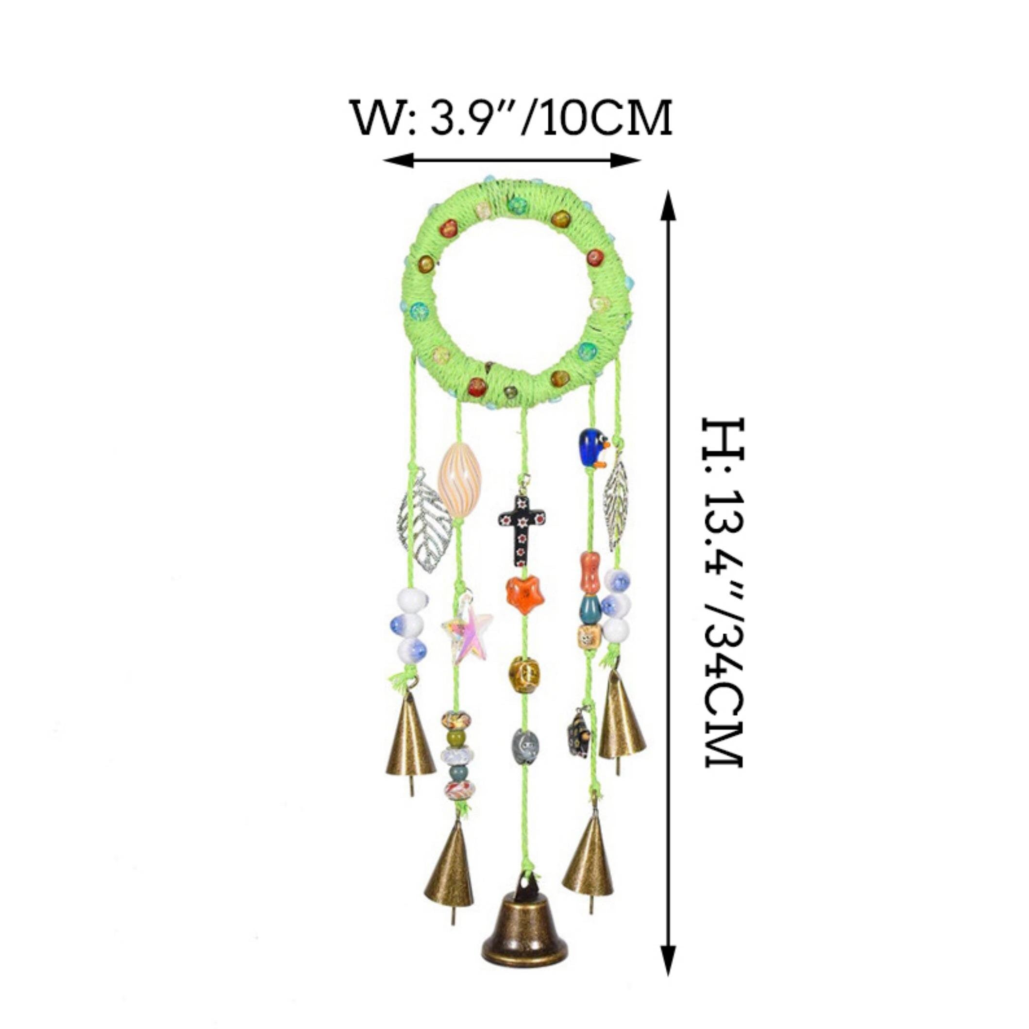 Witch Bells with Green Wreath, Hanging Wind Chime Suncatcher For Window, Door Hanger, Chime with 5 Brass Bells, Entry Way Protection Bells