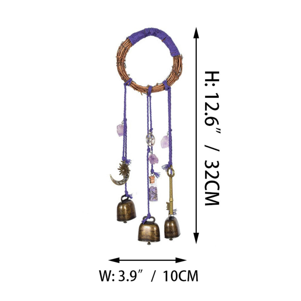 Purple Wreath Hanging Wind Chime, Amethyst Pendants with 3 Bronze Bells - Keeps Negativity Away - Witch Bells - Housewarming Gift