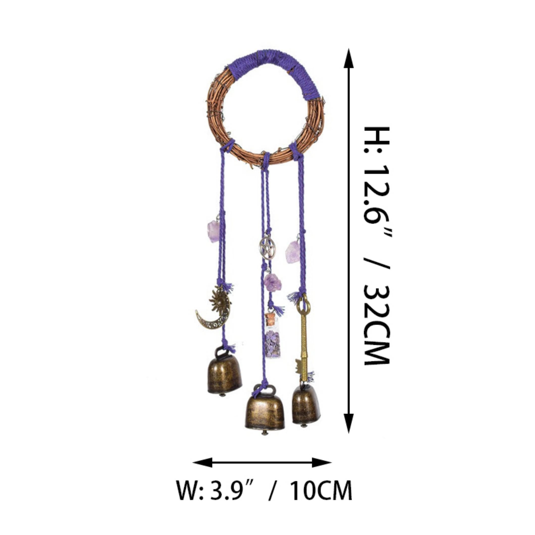 Purple Wreath Hanging Wind Chime, Amethyst Pendants with 3 Bronze Bells - Keeps Negativity Away - Witch Bells - Housewarming Gift