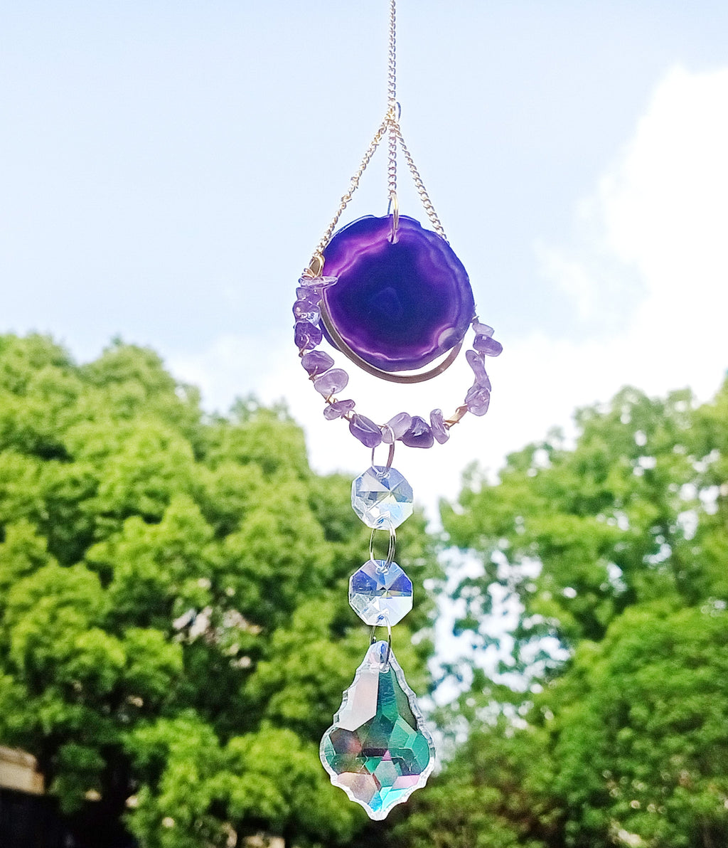 Purple Agate Slice Suncatcher,Sun Catcher for Windows Hanging, Rainbow Maker Crystal, Hanging Crystal Decor,Hanging SunDrop,Boho Home Decor