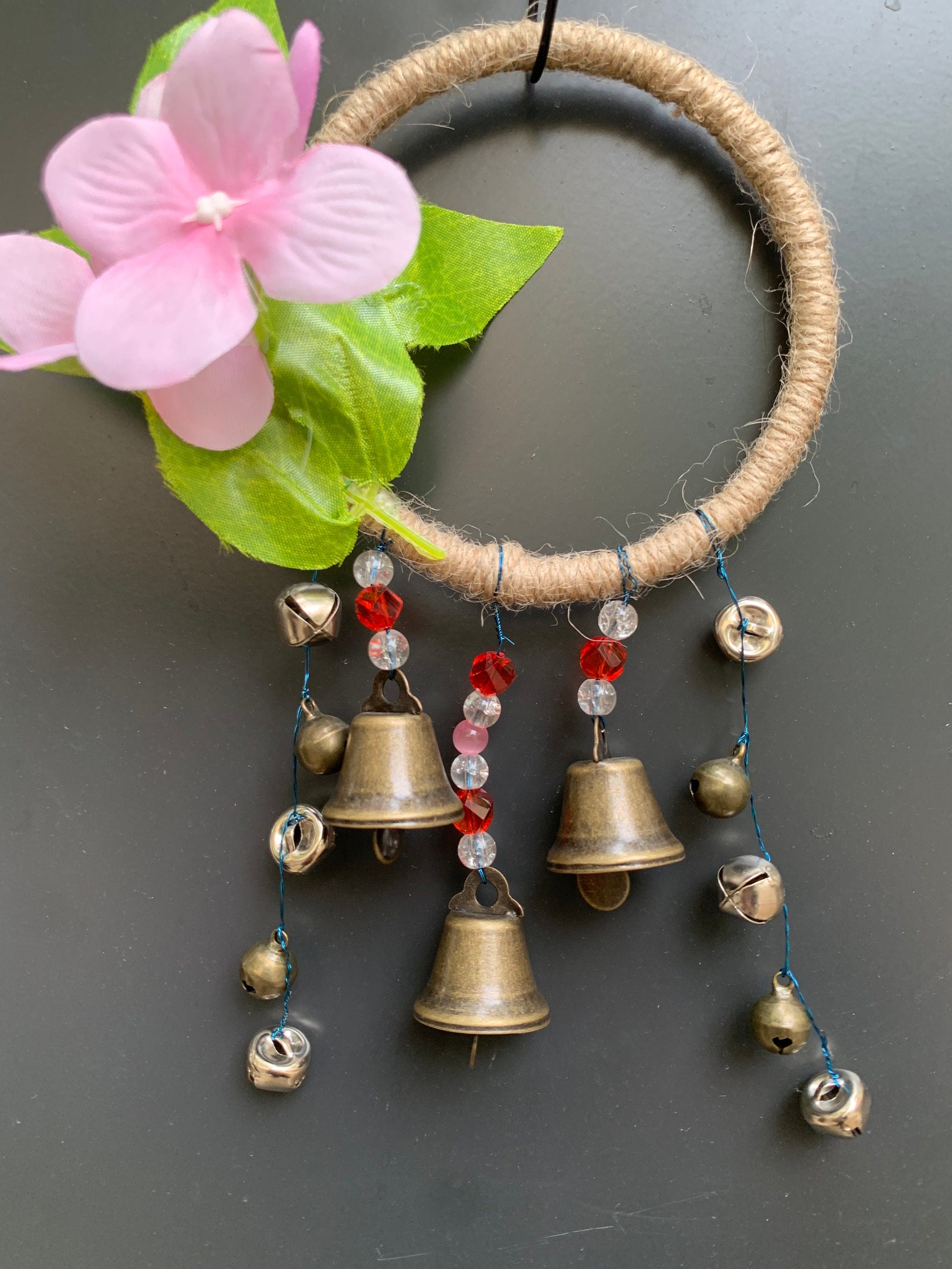 Witch Bells with Pink Flower, Rustic Bells for Kitchen, Hanging Bells Wreath, Witchcraft Supplies, Door Protection Charm, Witchy Gifts