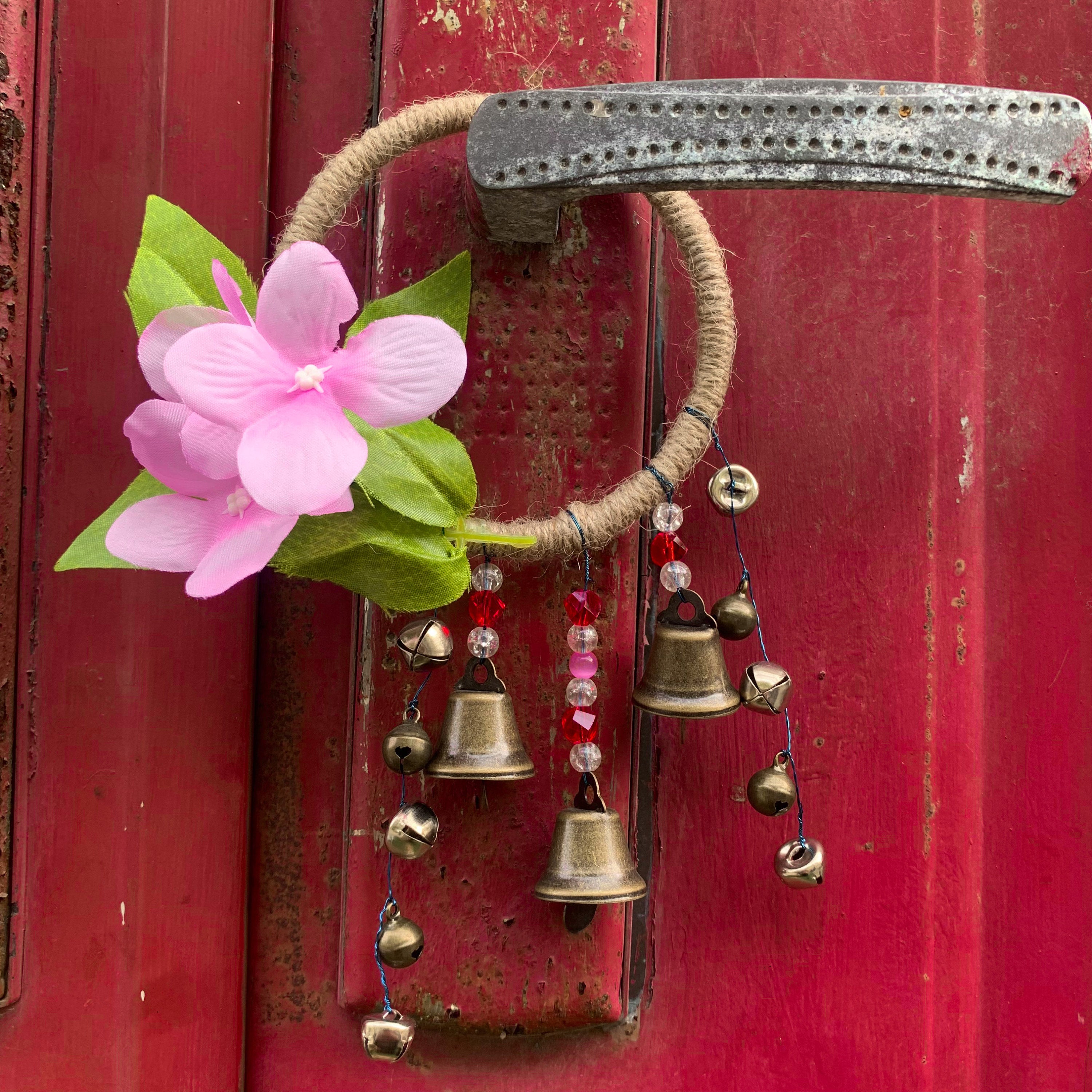 Witch Bells with Pink Flower, Rustic Bells for Kitchen, Hanging Bells Wreath, Witchcraft Supplies, Door Protection Charm, Witchy Gifts