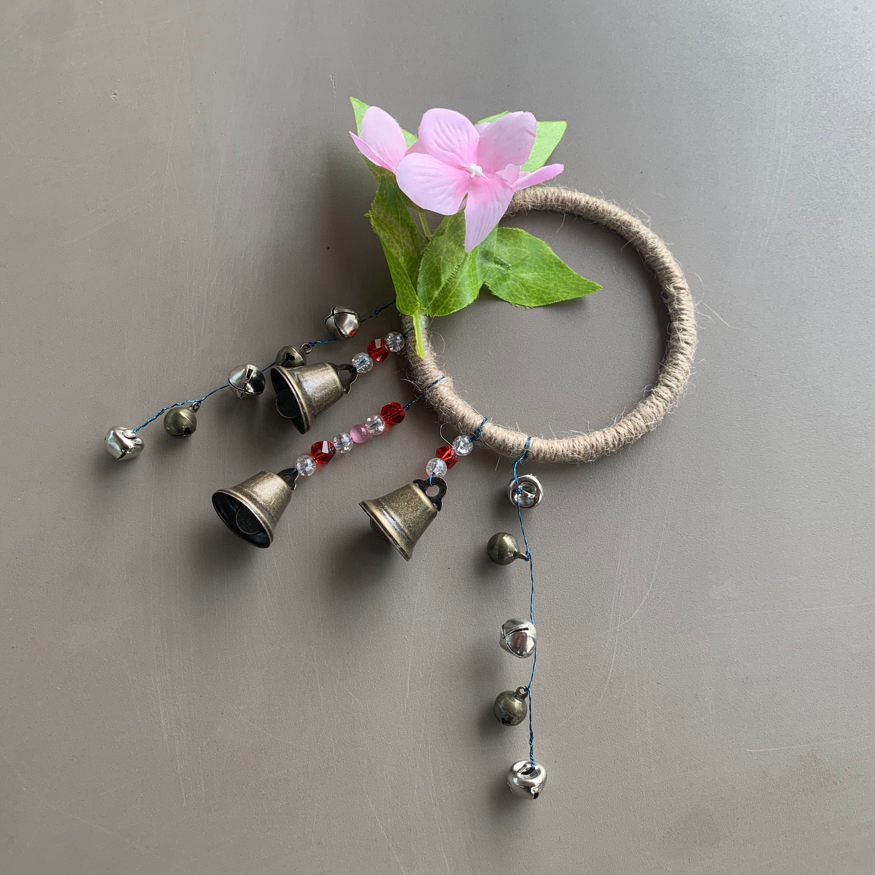 Witch Bells with Pink Flower, Rustic Bells for Kitchen, Hanging Bells Wreath, Witchcraft Supplies, Door Protection Charm, Witchy Gifts