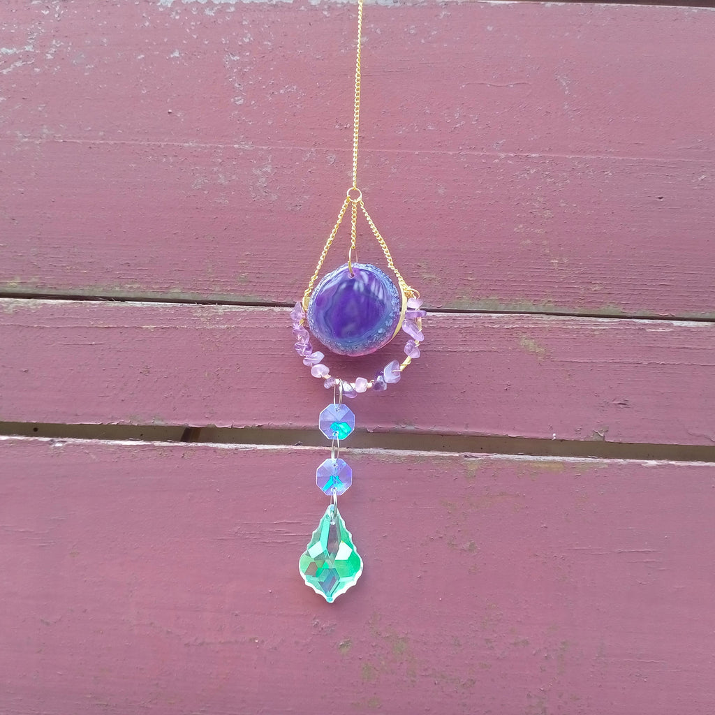 Purple Agate Slice Suncatcher,Sun Catcher for Windows Hanging, Rainbow Maker Crystal, Hanging Crystal Decor,Hanging SunDrop,Boho Home Decor