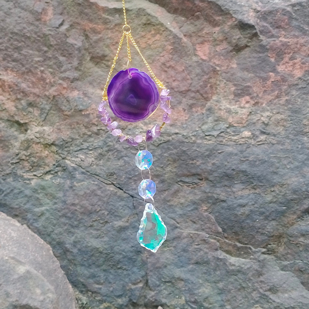 Purple Agate Slice Suncatcher,Sun Catcher for Windows Hanging, Rainbow Maker Crystal, Hanging Crystal Decor,Hanging SunDrop,Boho Home Decor