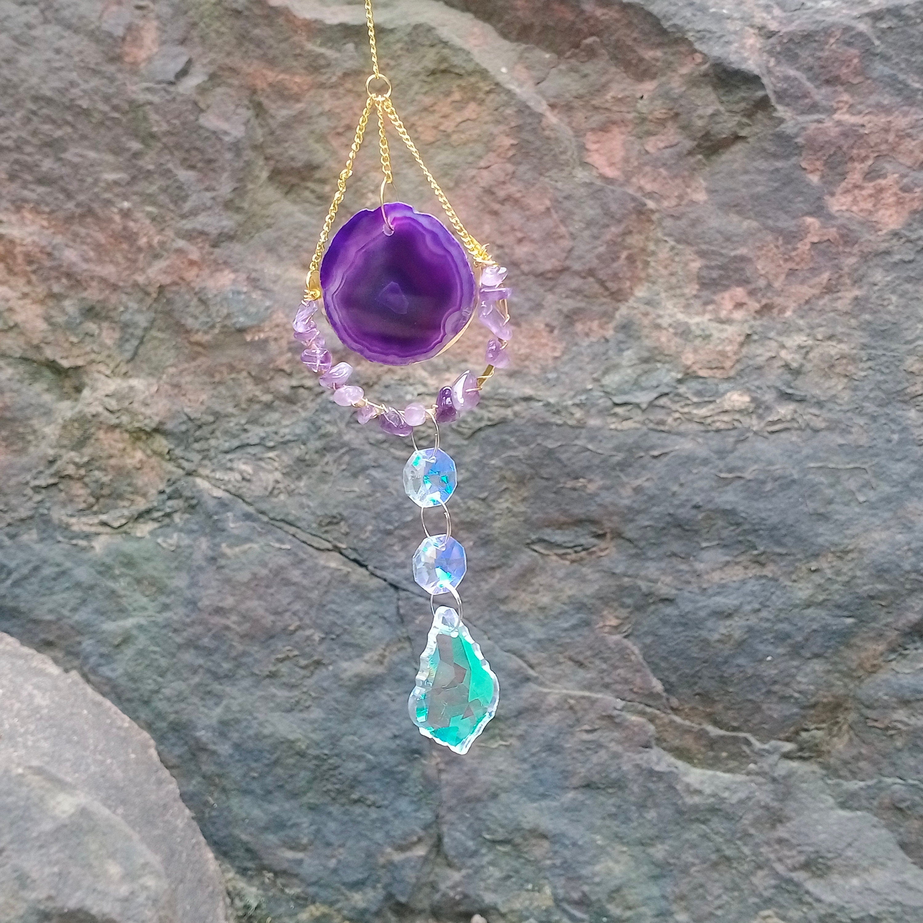 Purple Agate Slice Suncatcher,Sun Catcher for Windows Hanging, Rainbow Maker Crystal, Hanging Crystal Decor,Hanging SunDrop,Boho Home Decor