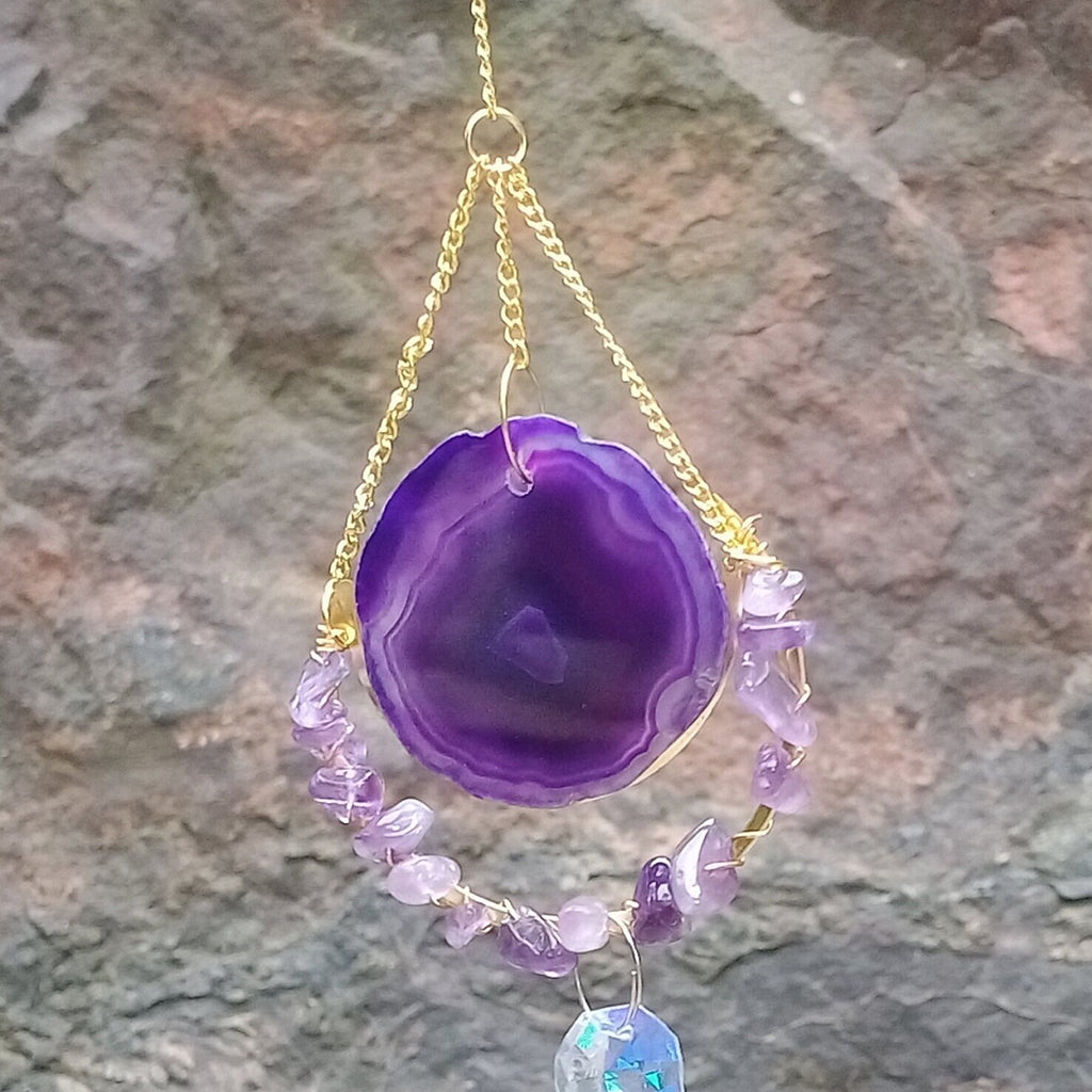 Purple Agate Slice Suncatcher,Sun Catcher for Windows Hanging, Rainbow Maker Crystal, Hanging Crystal Decor,Hanging SunDrop,Boho Home Decor