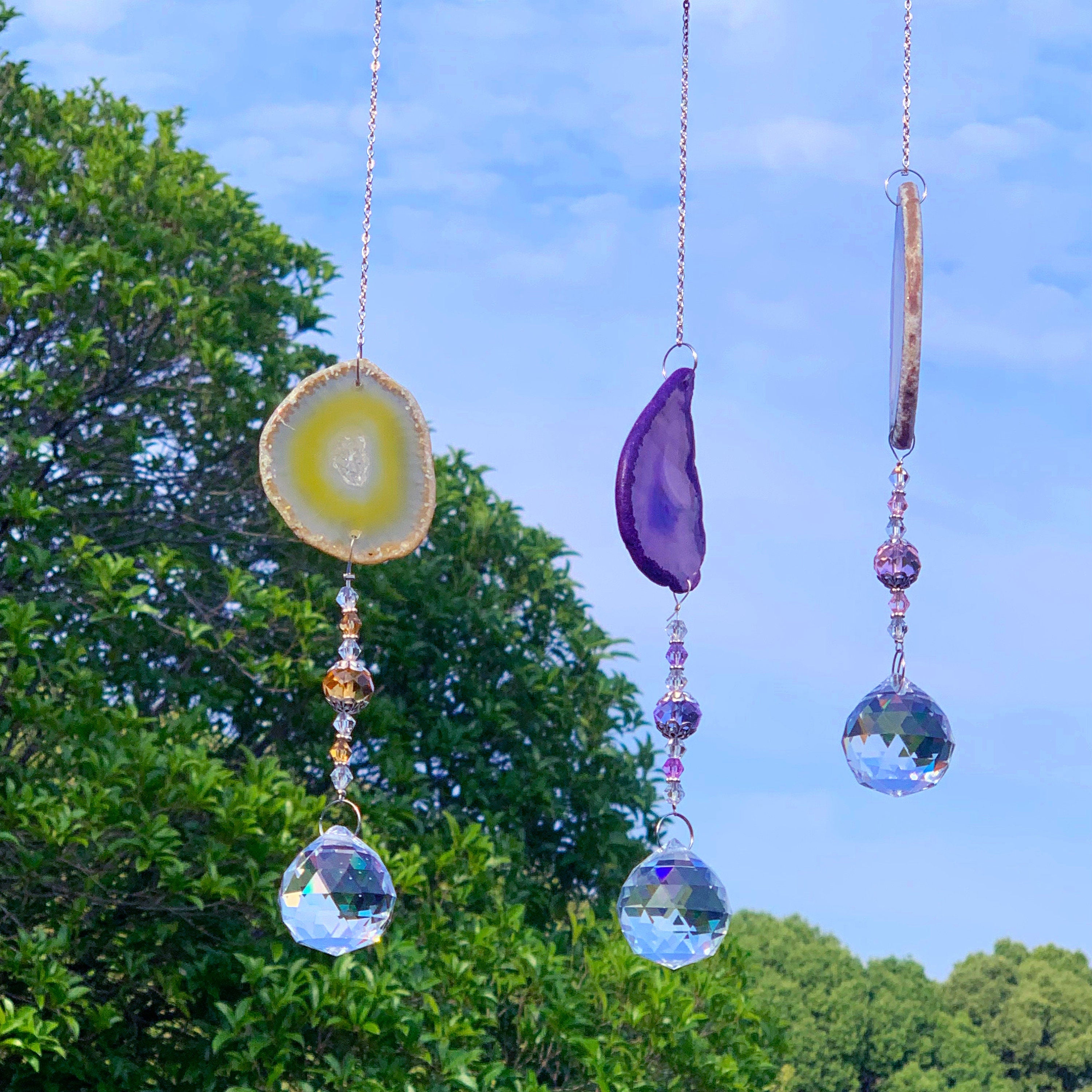 Set of 3 Sun Catchers for Windows Sticker, Stained Glass Suncatcher, Hanging Crystal Balls, Agate Slice Geode Crystal Sun Catcher,Home Decor