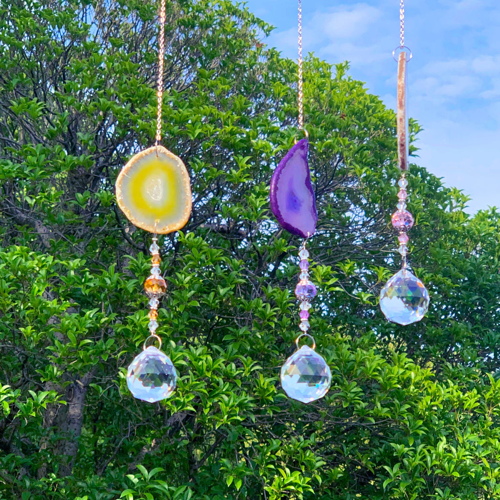 Set of 3 Sun Catchers for Windows Sticker, Stained Glass Suncatcher, Hanging Crystal Balls, Agate Slice Geode Crystal Sun Catcher,Home Decor