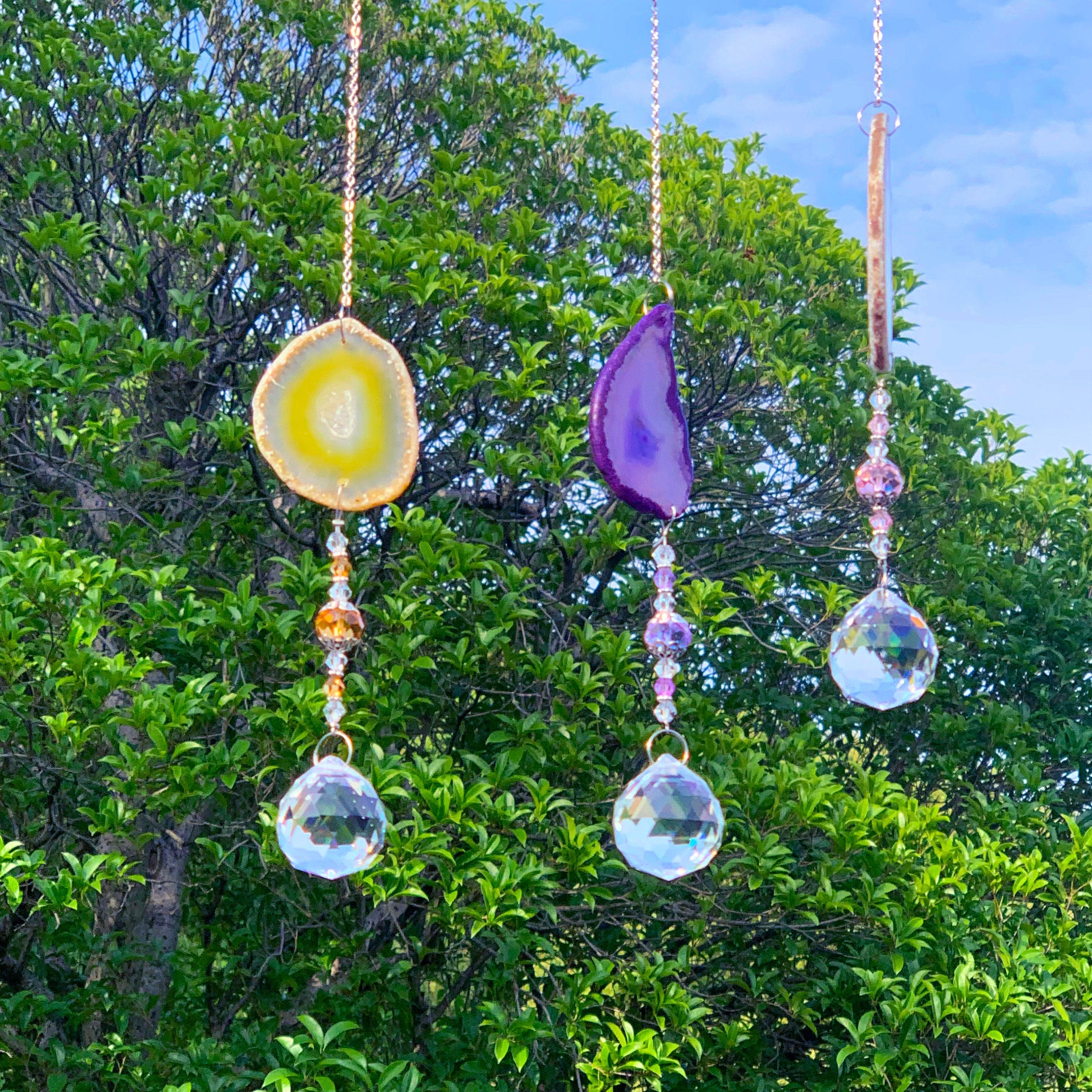 Set of 3 Sun Catchers for Windows Sticker, Stained Glass Suncatcher, Hanging Crystal Balls, Agate Slice Geode Crystal Sun Catcher,Home Decor