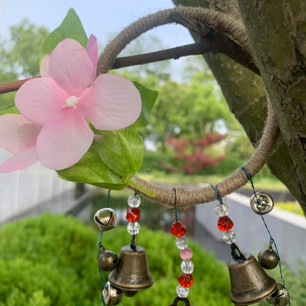 Witch Bells with Pink Flower, Rustic Bells for Kitchen, Hanging Bells Wreath, Witchcraft Supplies, Door Protection Charm, Witchy Gifts