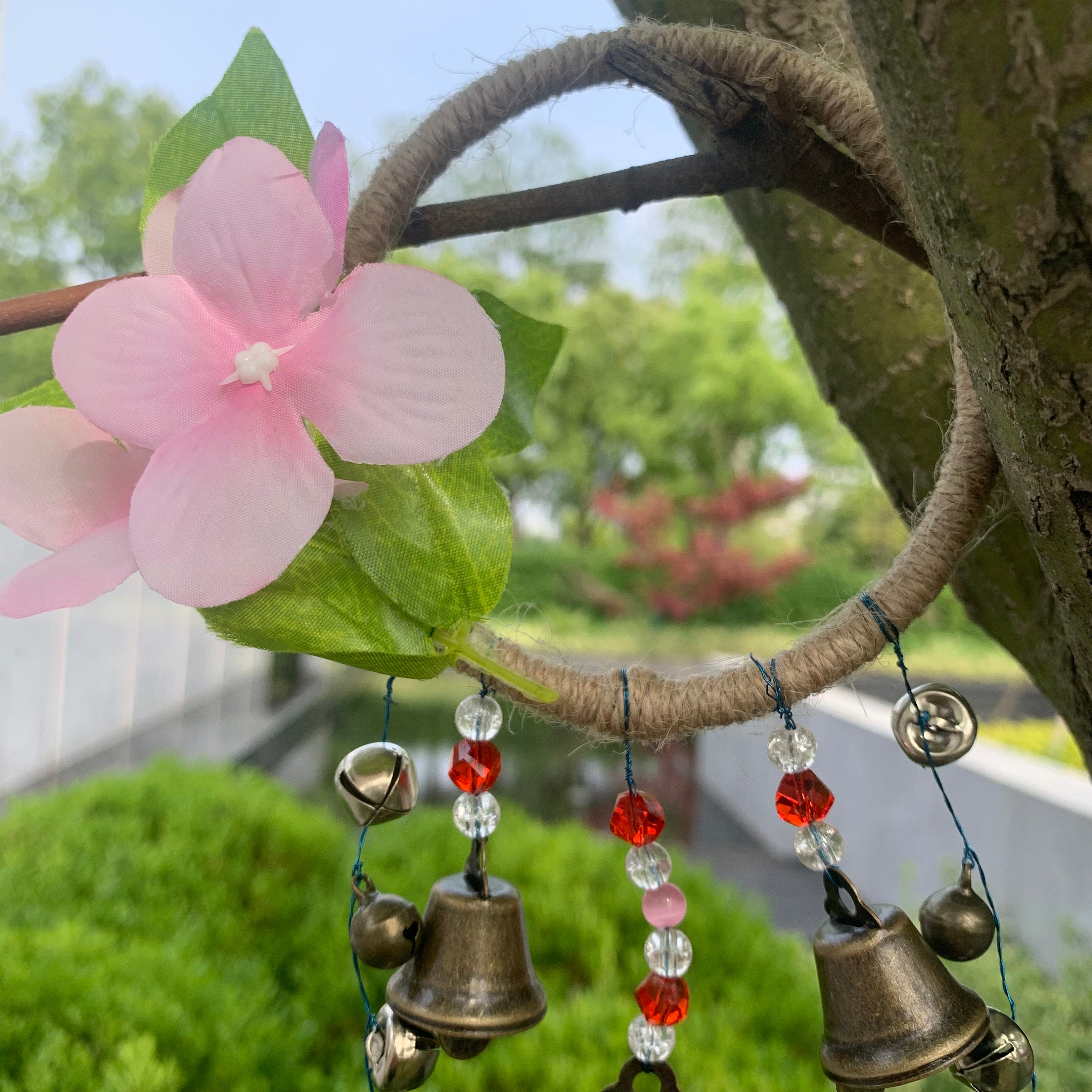 Witch Bells with Pink Flower, Rustic Bells for Kitchen, Hanging Bells Wreath, Witchcraft Supplies, Door Protection Charm, Witchy Gifts