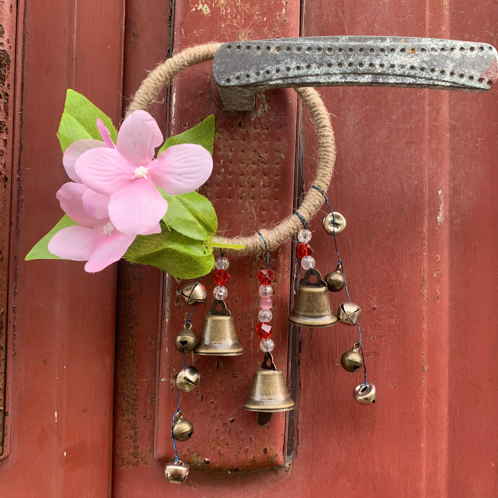 Witch Bells with Pink Flower, Rustic Bells for Kitchen, Hanging Bells Wreath, Witchcraft Supplies, Door Protection Charm, Witchy Gifts
