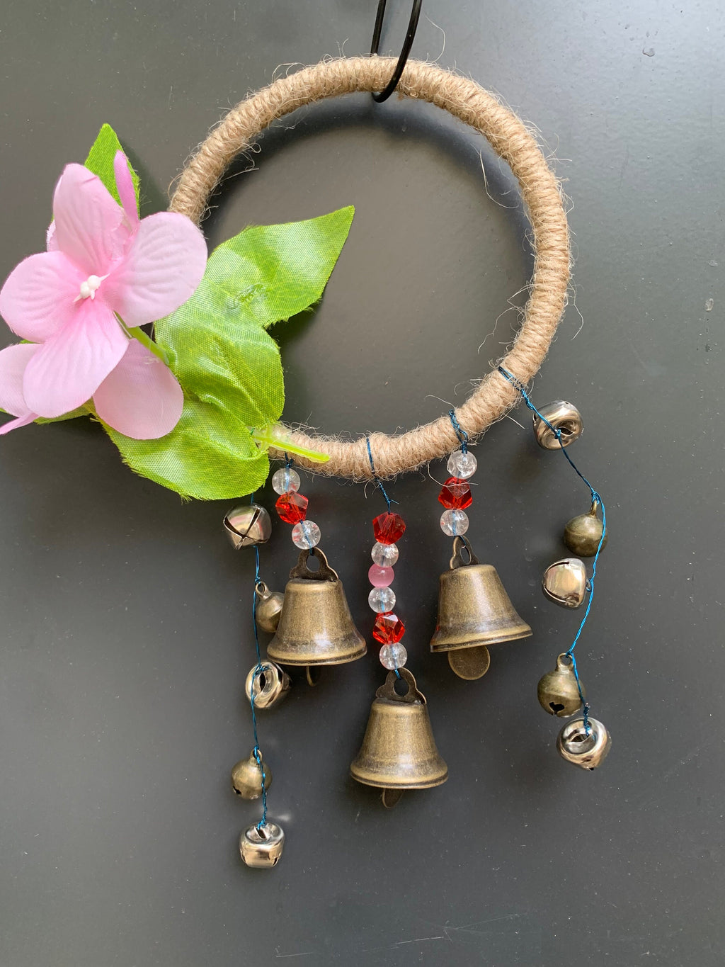 Witch Bells with Pink Flower, Rustic Bells for Kitchen, Hanging Bells Wreath, Witchcraft Supplies, Door Protection Charm, Witchy Gifts