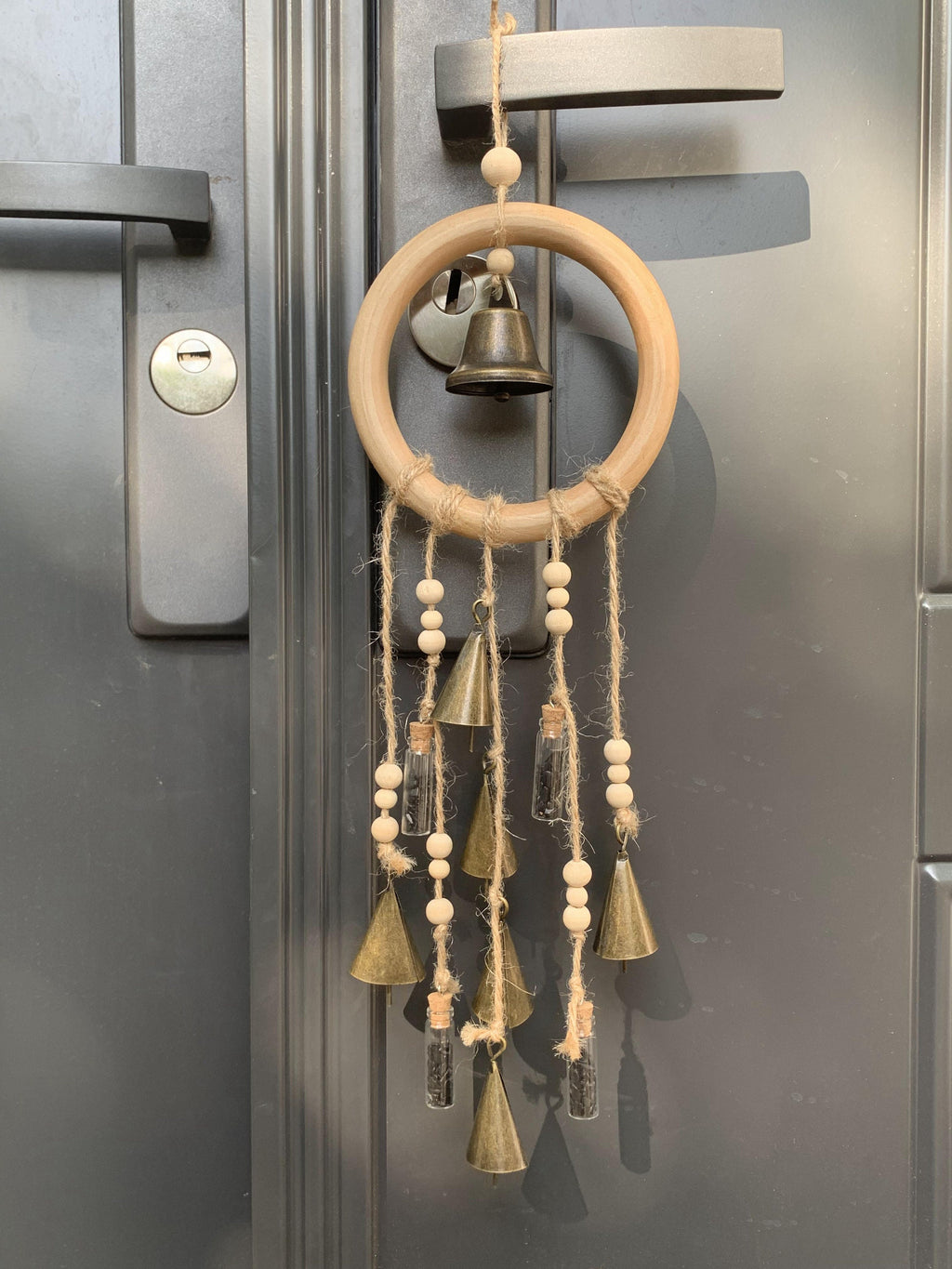 Wood Loop Wind Chime, Hanging Bells for Door Protection, Wooden Ring Witch Bells for Wreath, Wicca Decor