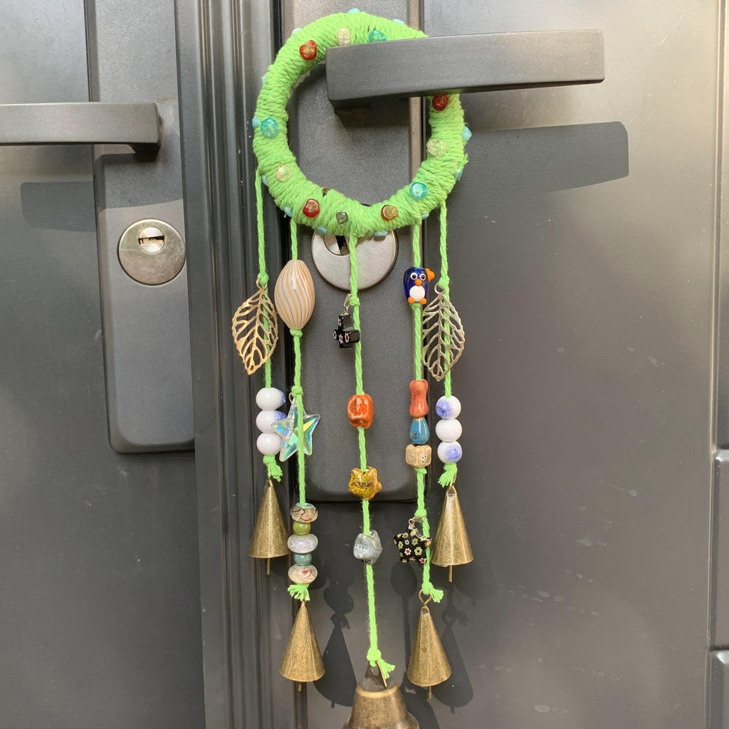 Witch Bells with Green Wreath, Hanging Wind Chime Suncatcher For Window, Door Hanger, Chime with 5 Brass Bells, Entry Way Protection Bells