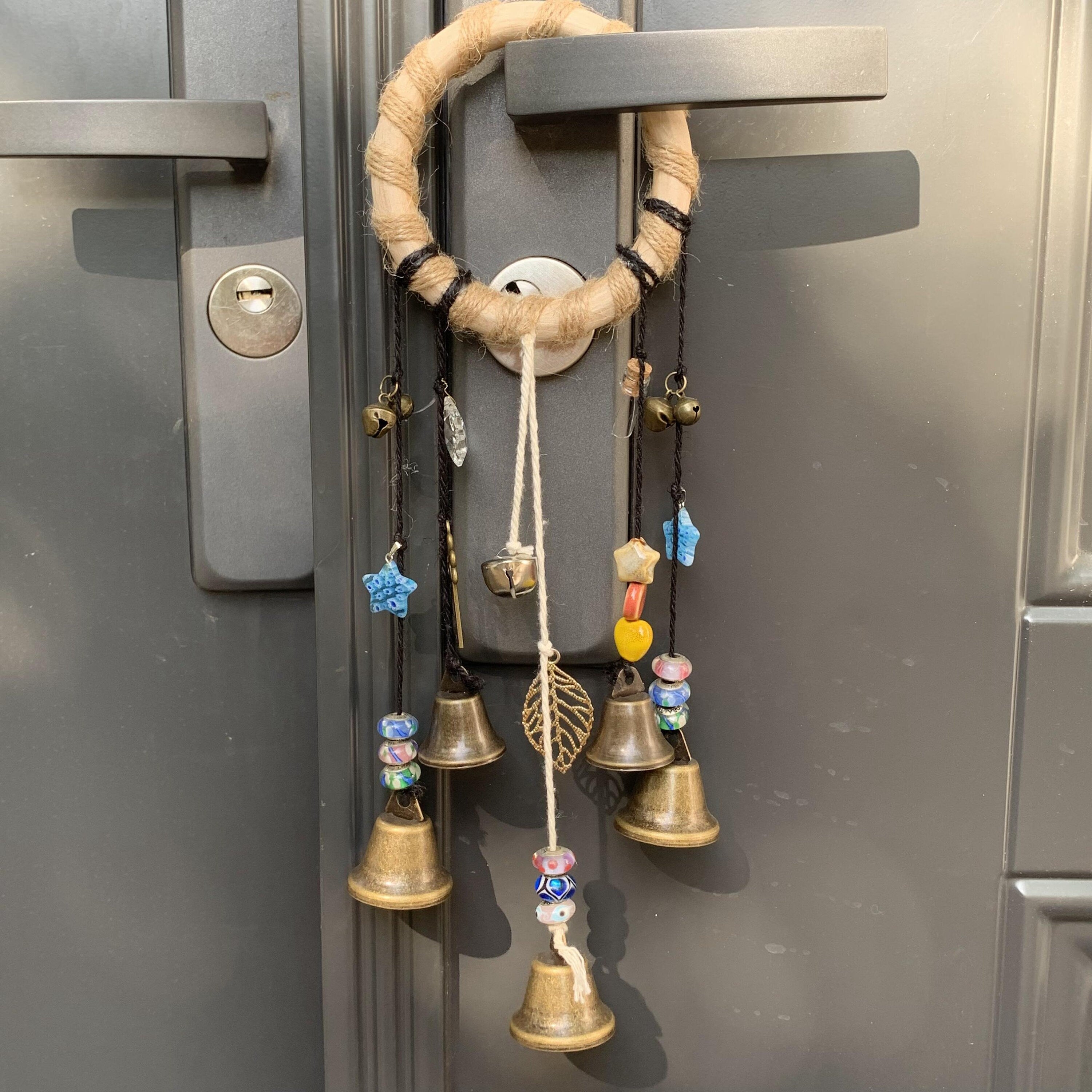 Log Witch Bells, Witch Bells with Blue Ribbons, Ritual Altar Tools, Rustic Vintage Door Hanging, Wicca Gift for Witch Pagan, Wards gifts