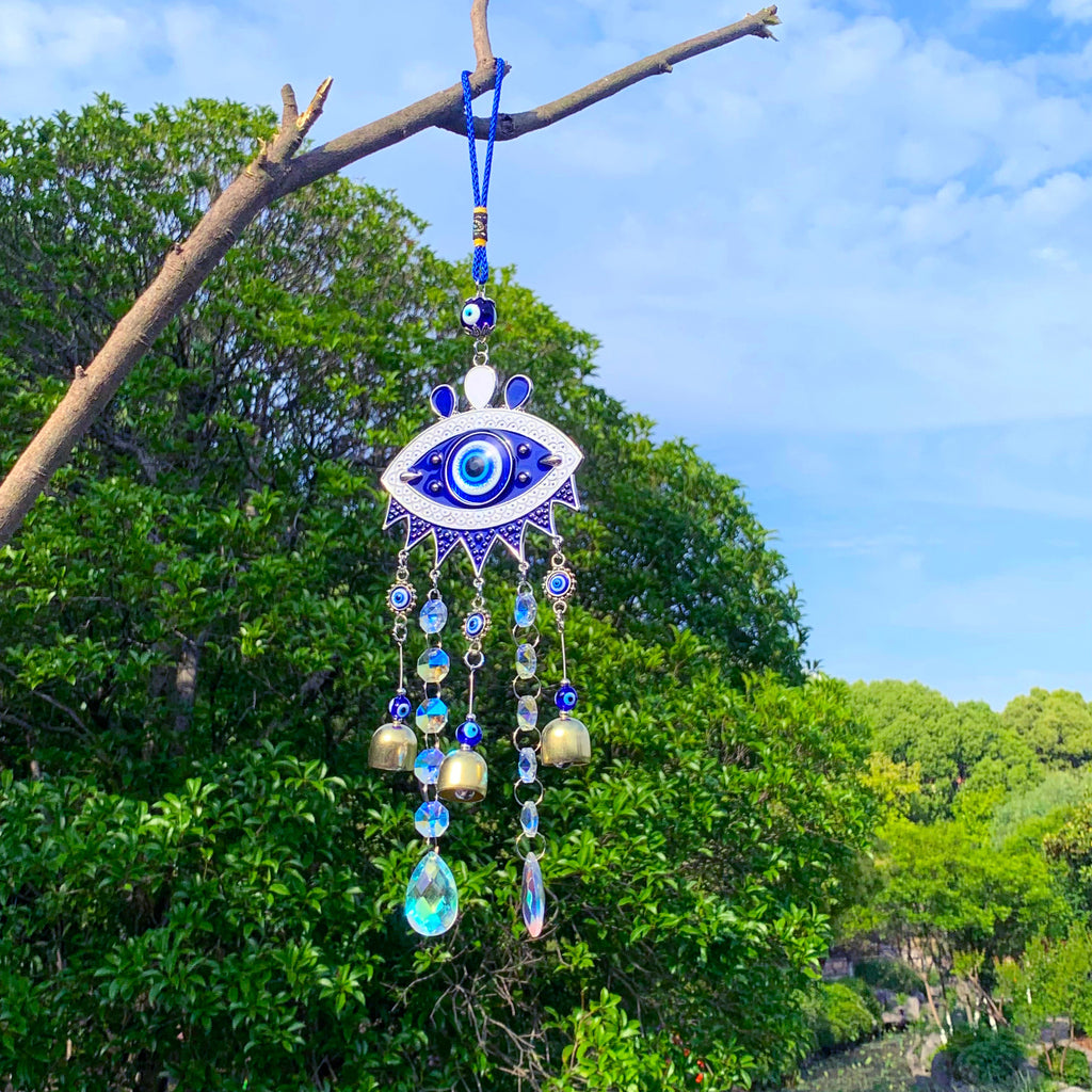 Evil eyes Crystal Suncatcher, Witch Bells with Sun Catcher, Hanging Crystal Prism, Sun Catcher Garden Ornament Rainbow Maker Crystal