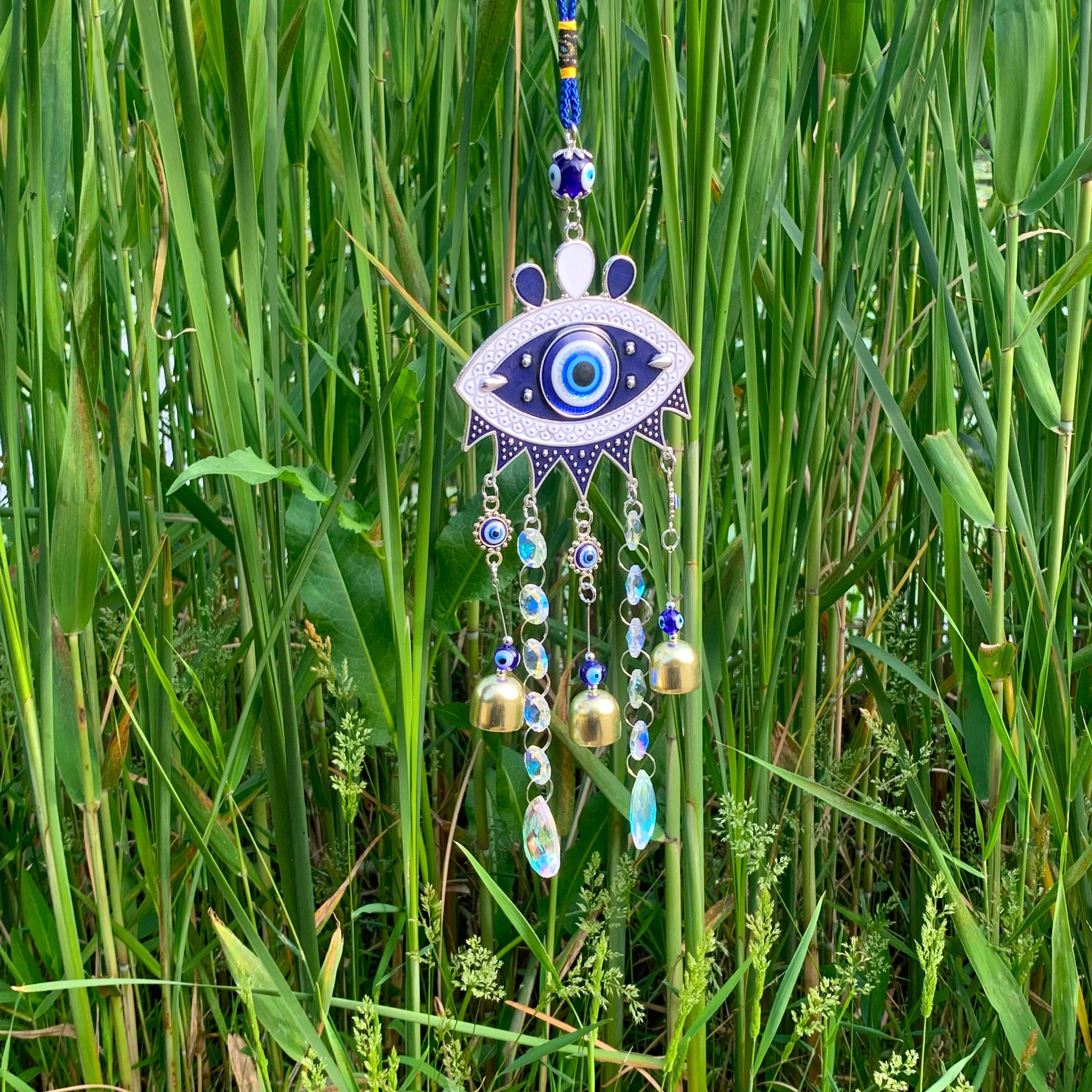 Evil eyes Crystal Suncatcher, Witch Bells with Sun Catcher, Hanging Crystal Prism, Sun Catcher Garden Ornament Rainbow Maker Crystal