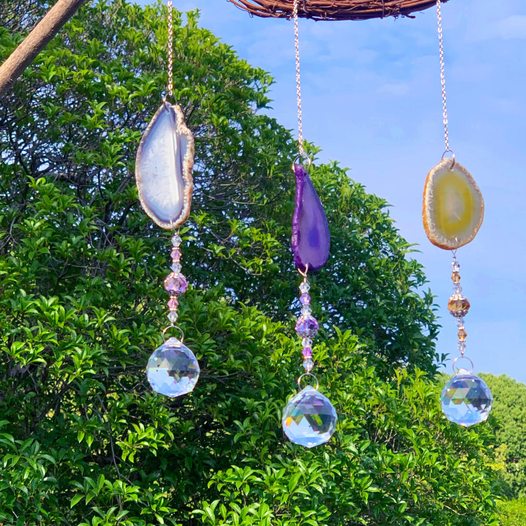 Set of 3 Sun Catchers for Windows Sticker, Stained Glass Suncatcher, Hanging Crystal Balls, Agate Slice Geode Crystal Sun Catcher,Home Decor