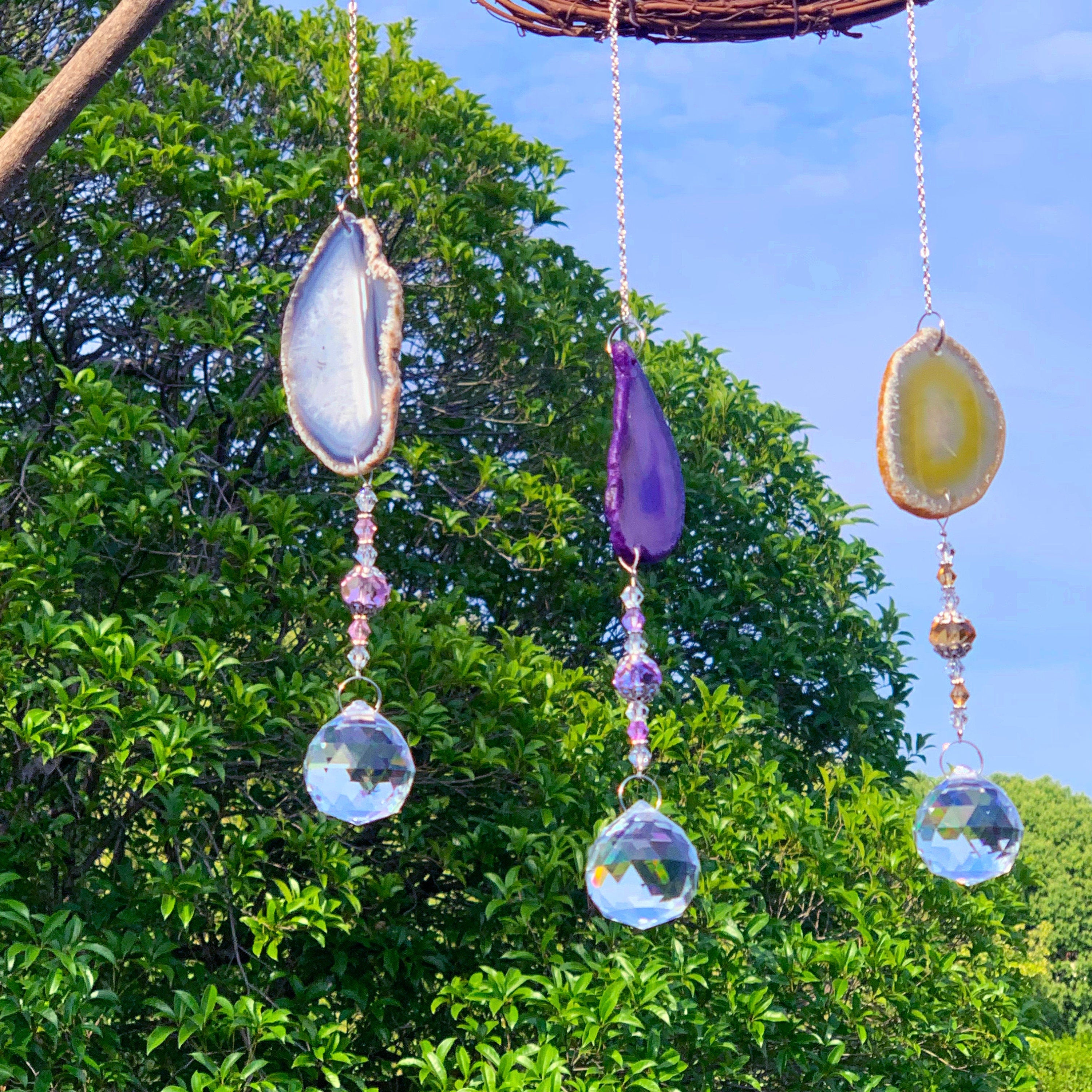 Set of 3 Sun Catchers for Windows Sticker, Stained Glass Suncatcher, Hanging Crystal Balls, Agate Slice Geode Crystal Sun Catcher,Home Decor