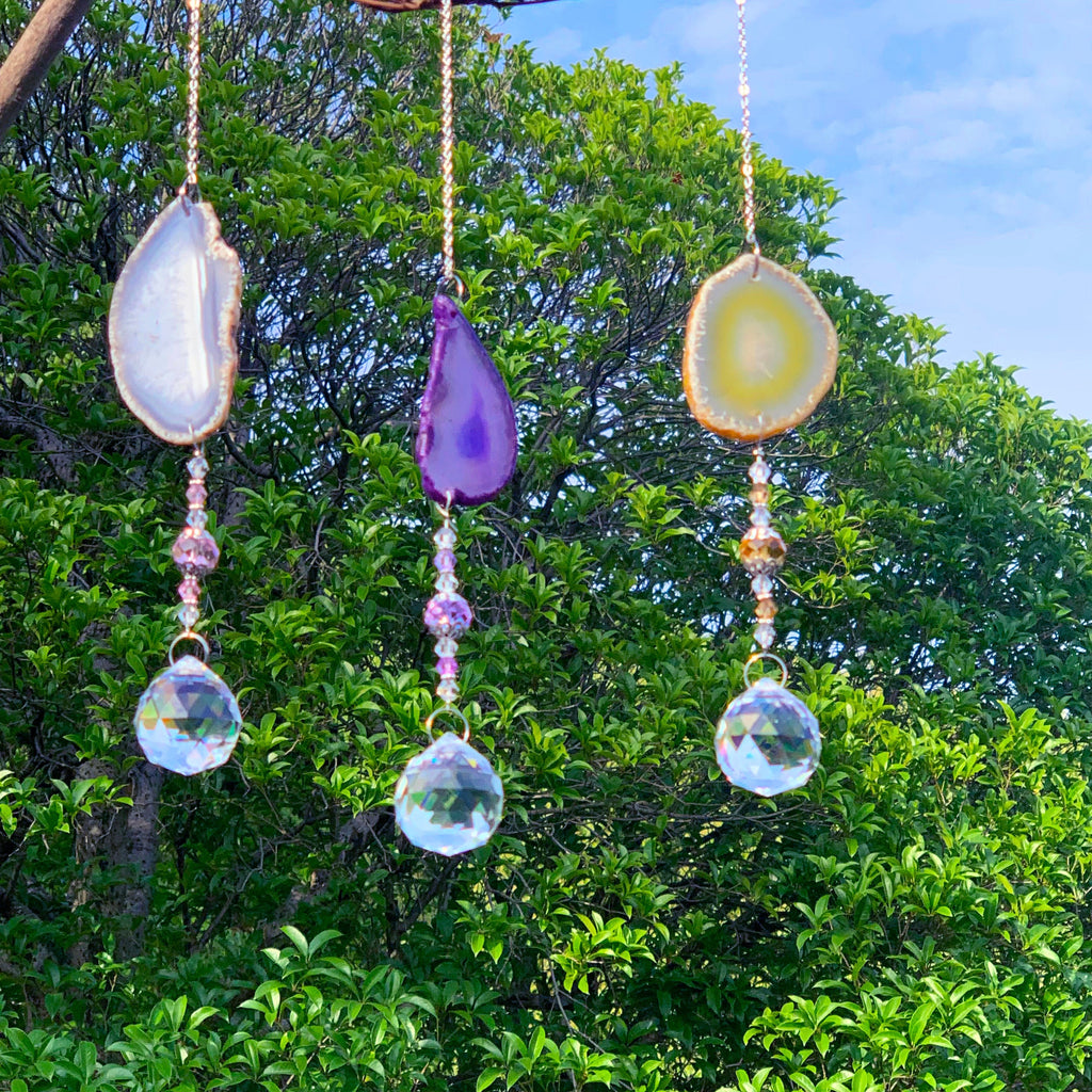 Set of 3 Sun Catchers for Windows Sticker, Stained Glass Suncatcher, Hanging Crystal Balls, Agate Slice Geode Crystal Sun Catcher,Home Decor