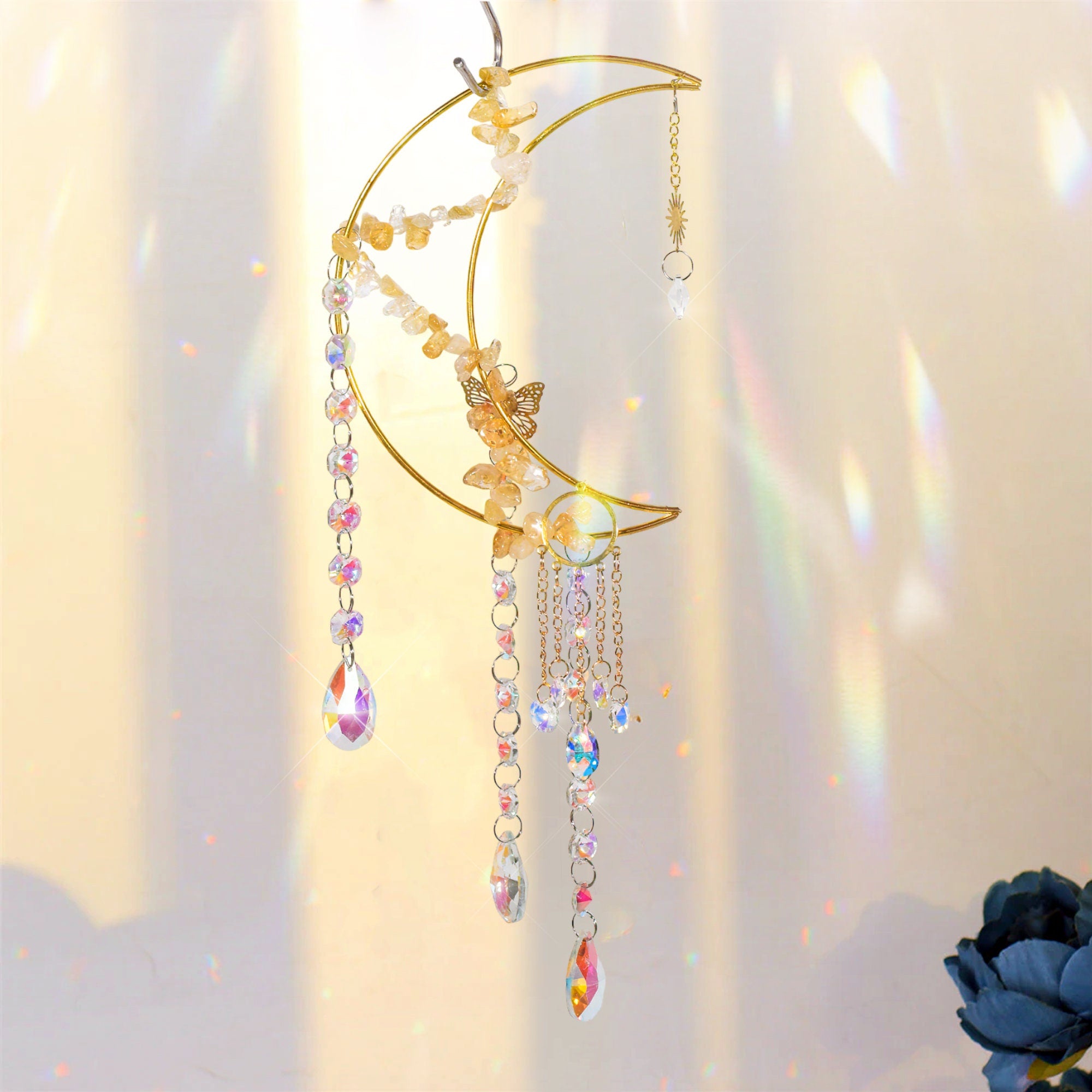 Moon Sun Catcher, Butterfly Suncatcher, Prism Sun Catcher, Hanging Crystals and Beads, Wall Hanging, Witch Suncatcher, Gift for Cat Lover