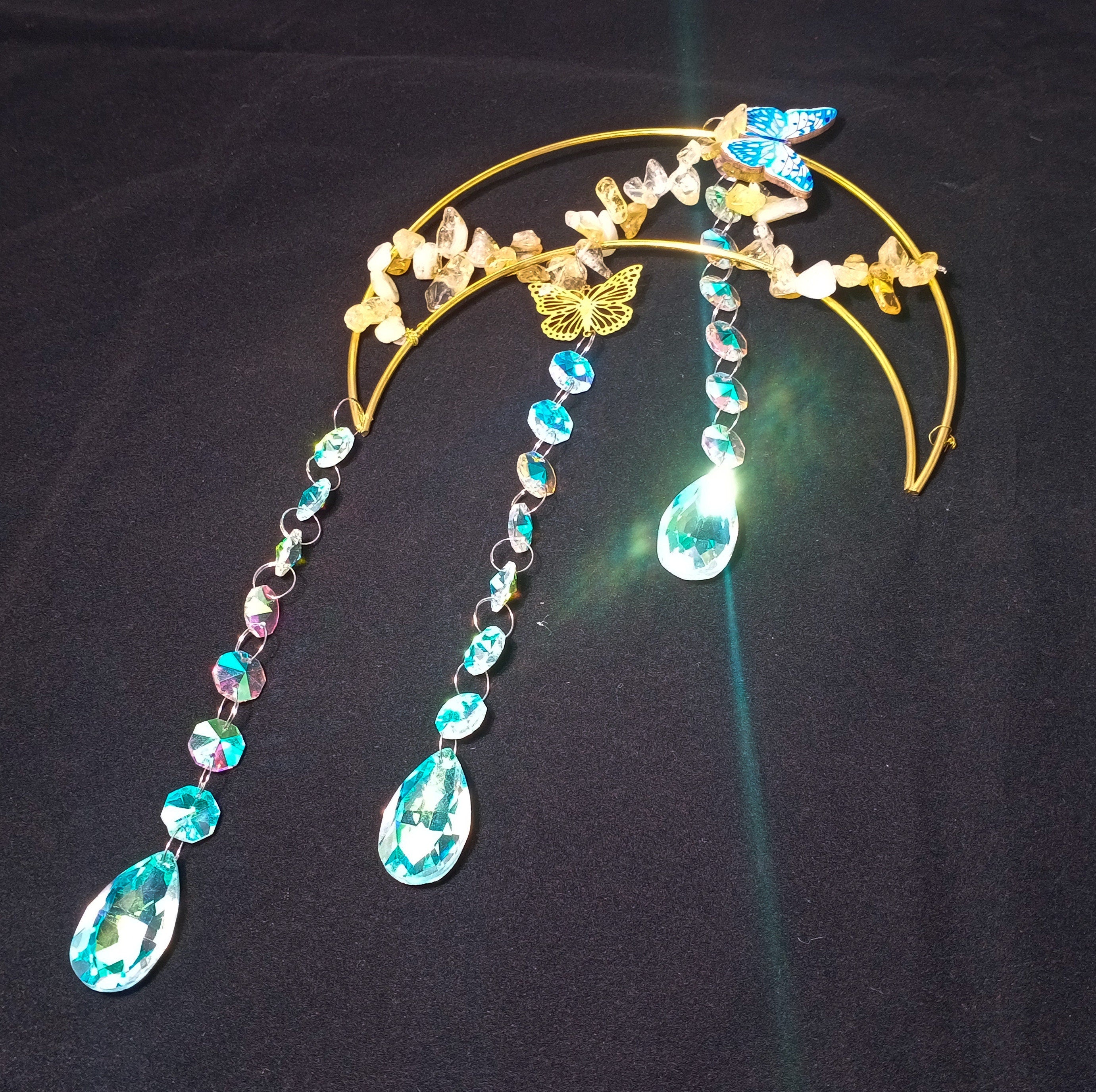 Moon Sun Catcher, Butterfly Suncatcher, Prism Sun Catcher, Hanging Crystals and Beads, Wall Hanging, Witch Suncatcher, Gift for Cat Lover