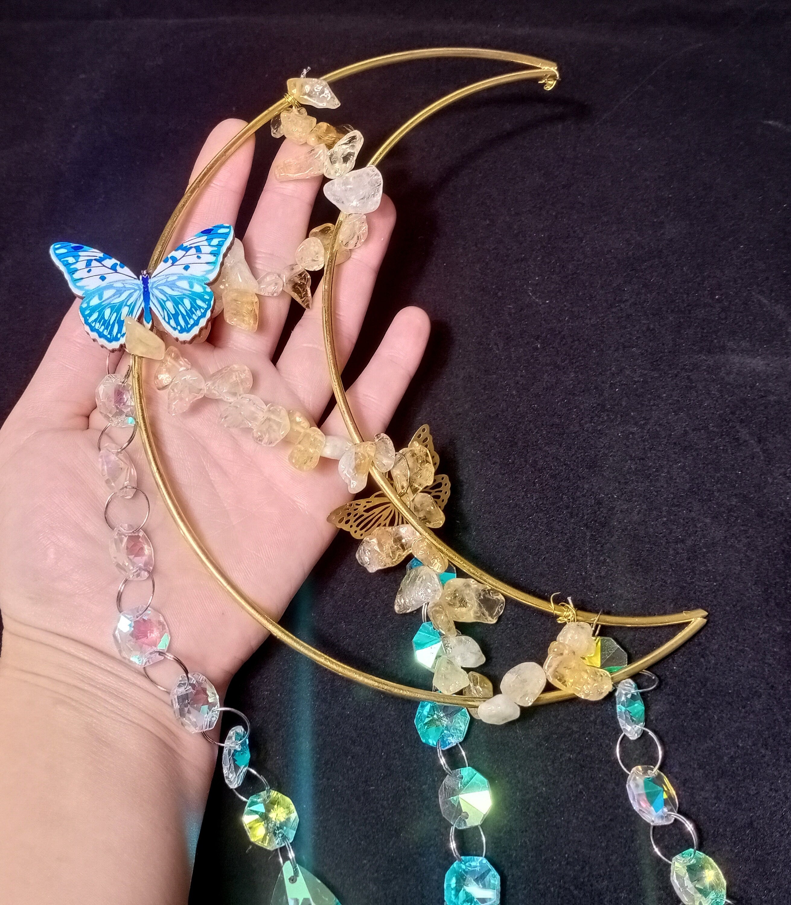 Moon Sun Catcher, Butterfly Suncatcher, Prism Sun Catcher, Hanging Crystals and Beads, Wall Hanging, Witch Suncatcher, Gift for Cat Lover
