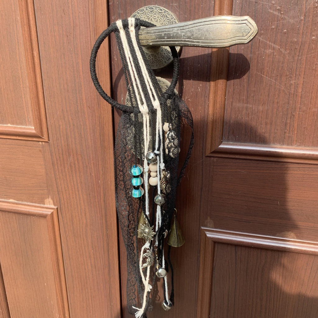 Black Witch Bells with Murano Glass Beads, Witch Protection Bells for Halloween, Wicca Altar House Doorknob Hanging Bell for Garden Decor