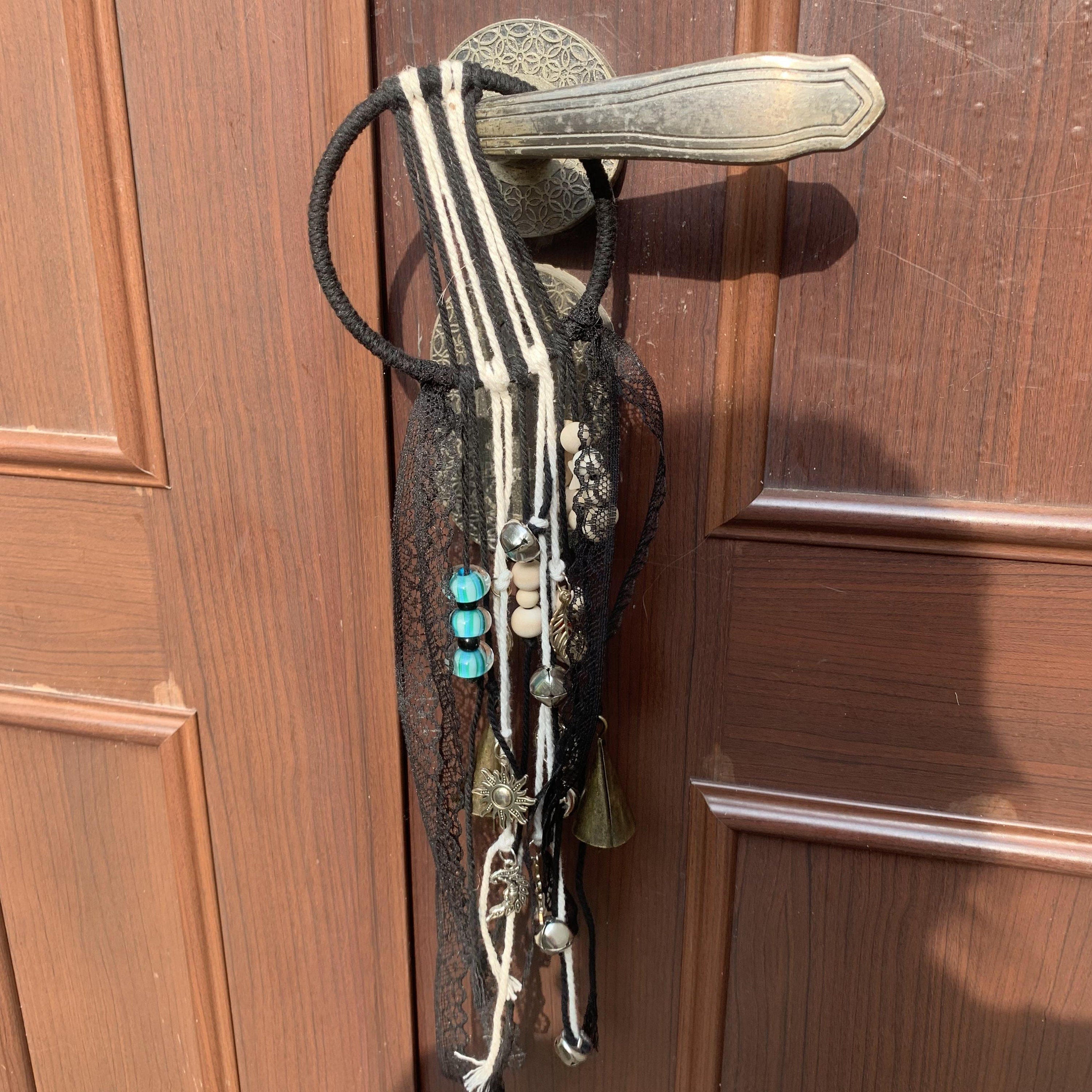 Black Witch Bells with Murano Glass Beads, Witch Protection Bells for Halloween, Wicca Altar House Doorknob Hanging Bell for Garden Decor