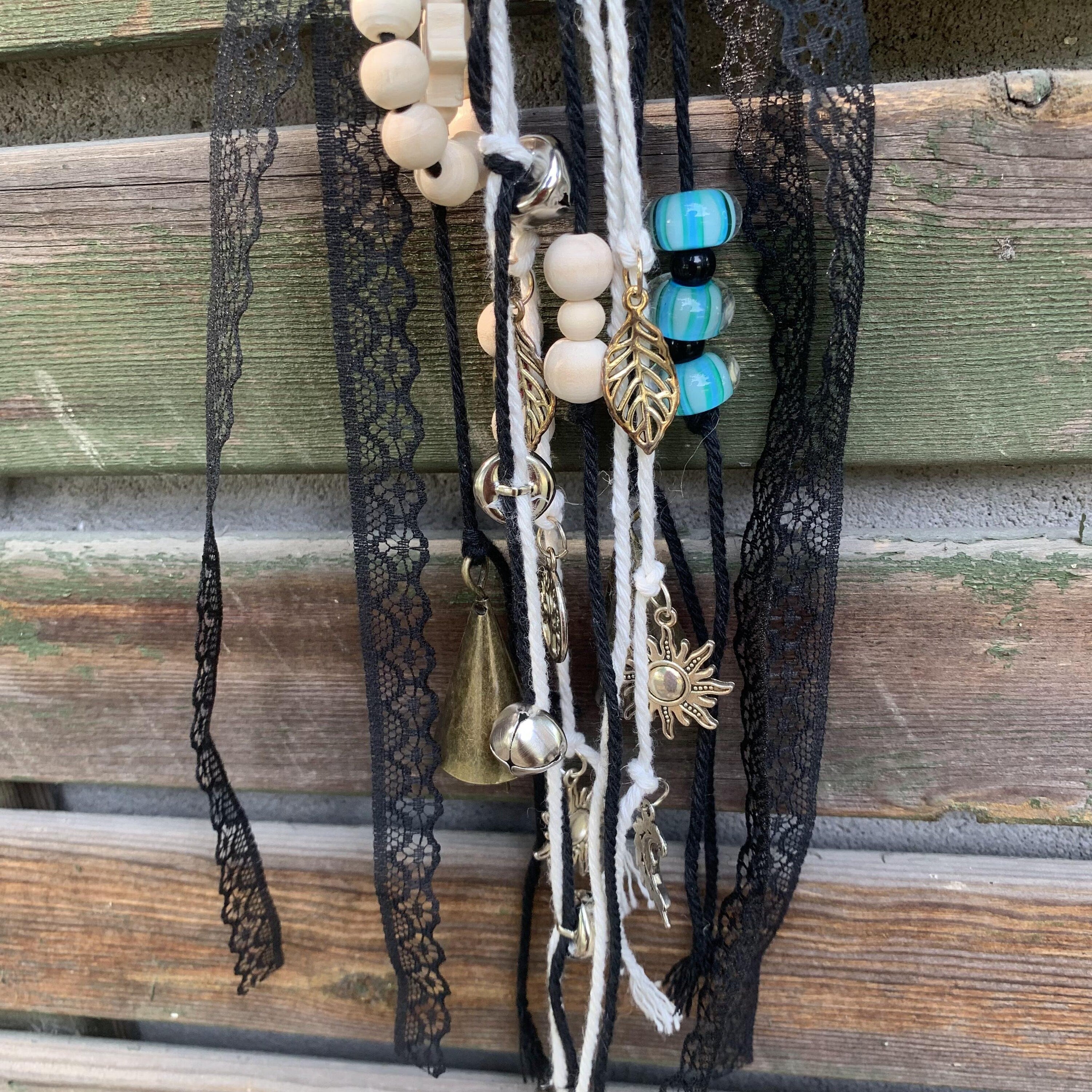 Black Witch Bells with Murano Glass Beads, Witch Protection Bells for Halloween, Wicca Altar House Doorknob Hanging Bell for Garden Decor