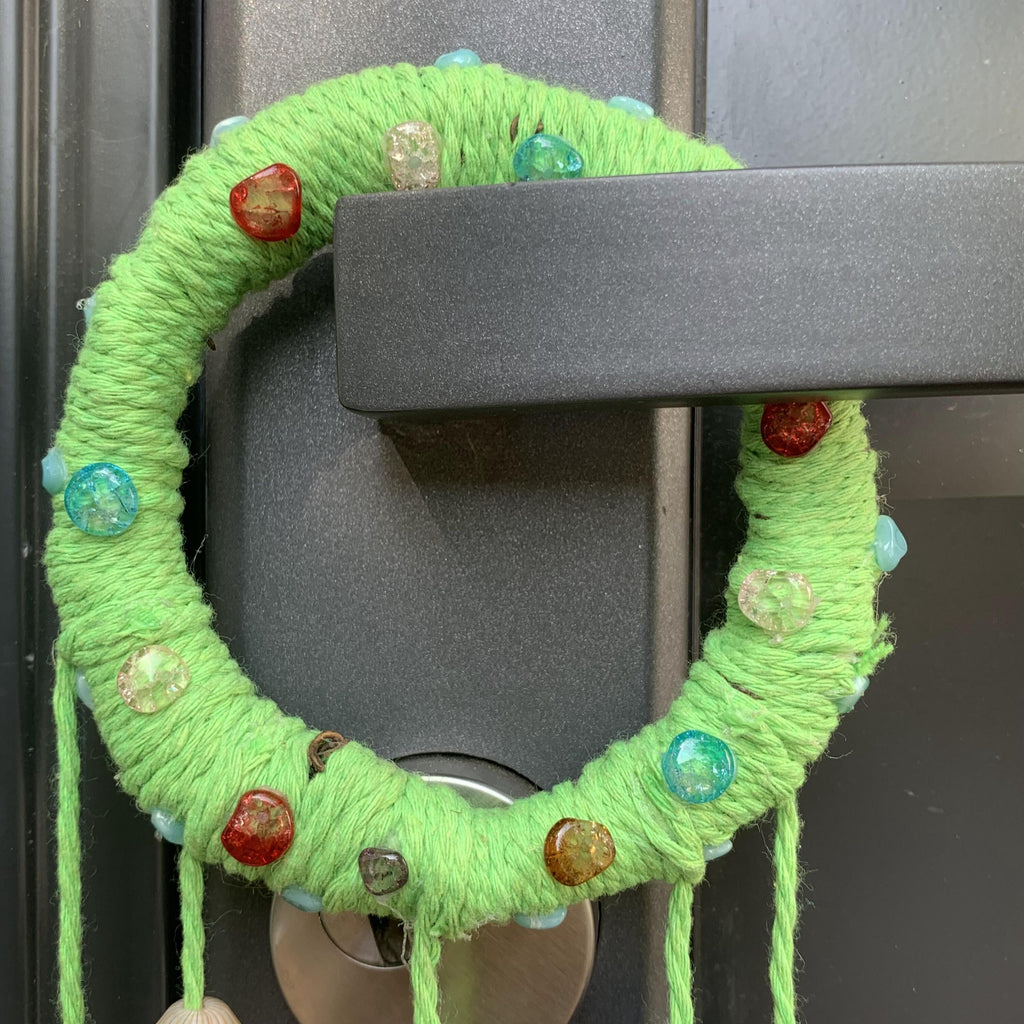 Witch Bells with Green Wreath, Hanging Wind Chime Suncatcher For Window, Door Hanger, Chime with 5 Brass Bells, Entry Way Protection Bells