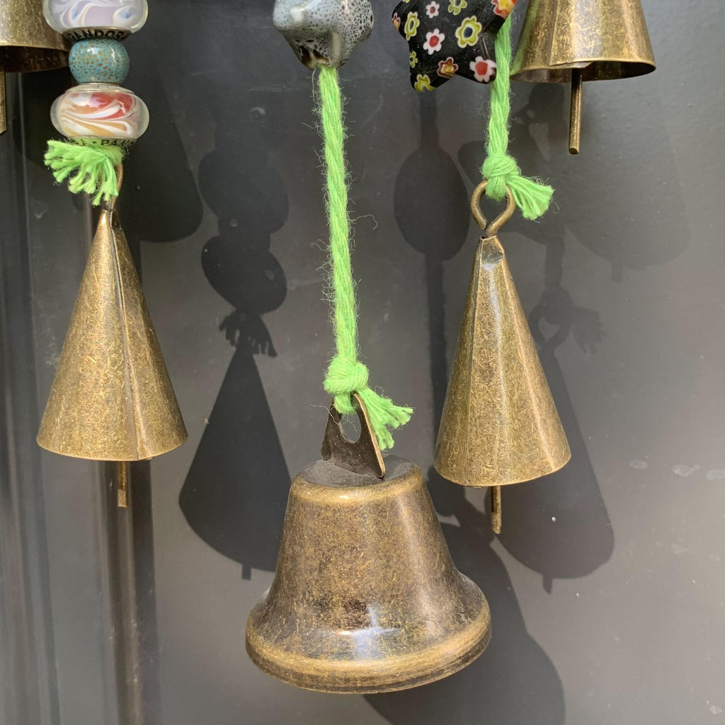 Witch Bells with Green Wreath, Hanging Wind Chime Suncatcher For Window, Door Hanger, Chime with 5 Brass Bells, Entry Way Protection Bells