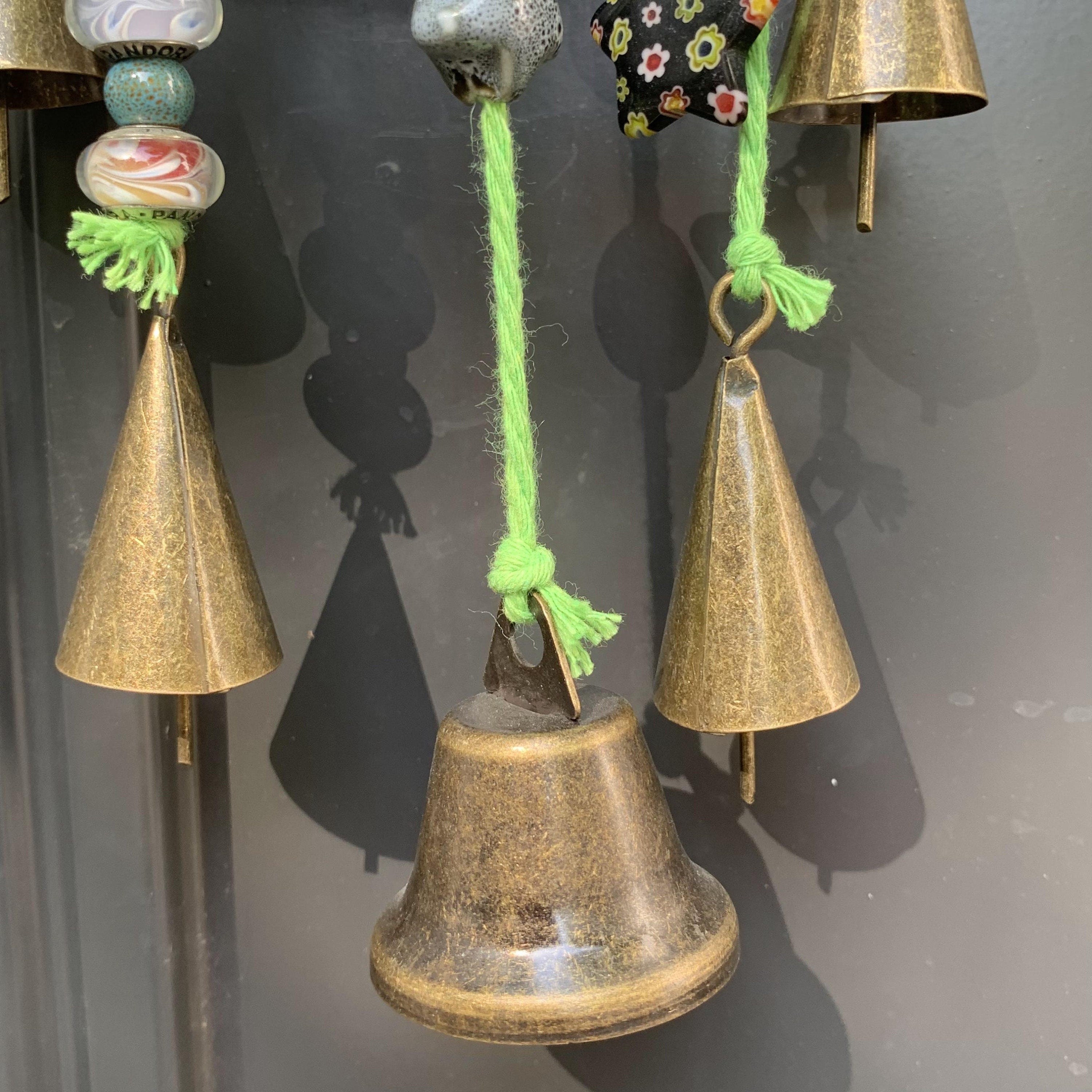Witch Bells with Green Wreath, Hanging Wind Chime Suncatcher For Window, Door Hanger, Chime with 5 Brass Bells, Entry Way Protection Bells