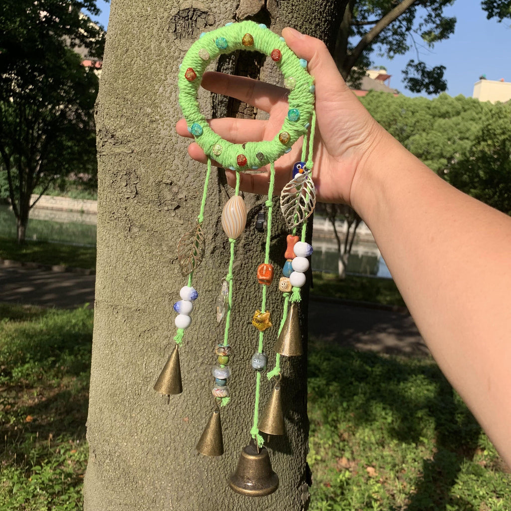 Witch Bells with Green Wreath, Hanging Wind Chime Suncatcher For Window, Door Hanger, Chime with 5 Brass Bells, Entry Way Protection Bells
