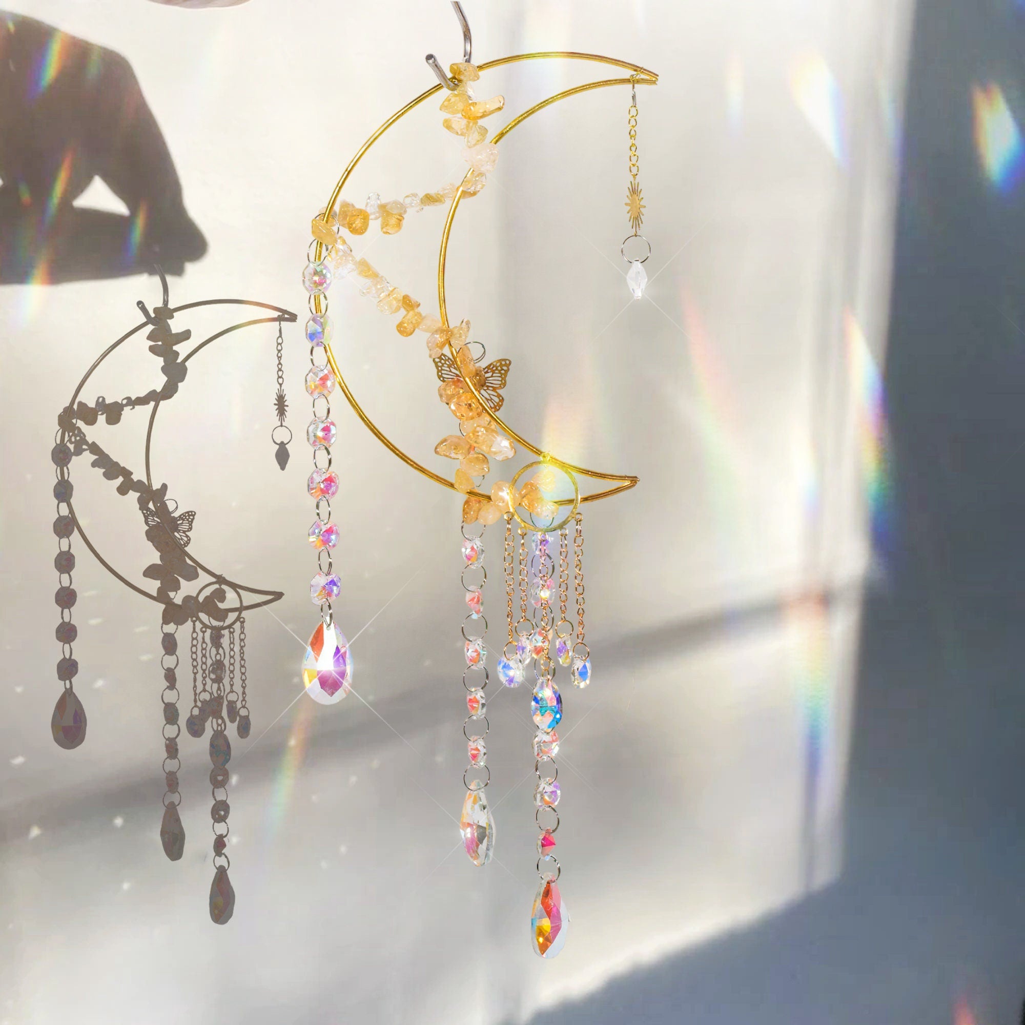Moon Sun Catcher, Butterfly Suncatcher, Prism Sun Catcher, Hanging Crystals and Beads, Wall Hanging, Witch Suncatcher, Gift for Cat Lover
