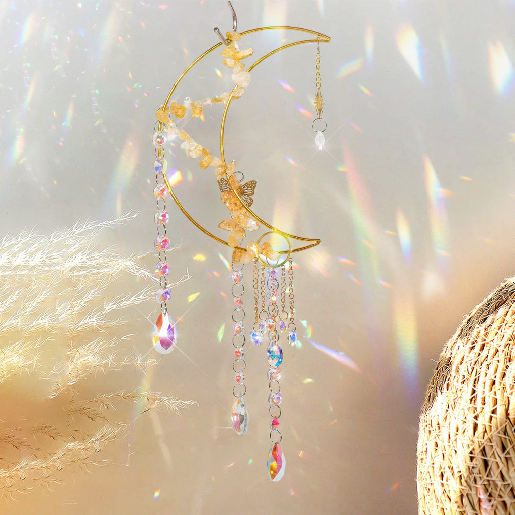 Moon Sun Catcher, Butterfly Suncatcher, Prism Sun Catcher, Hanging Crystals and Beads, Wall Hanging, Witch Suncatcher, Gift for Cat Lover