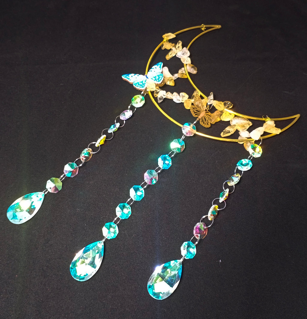 Moon Sun Catcher, Butterfly Suncatcher, Prism Sun Catcher, Hanging Crystals and Beads, Wall Hanging, Witch Suncatcher, Gift for Cat Lover