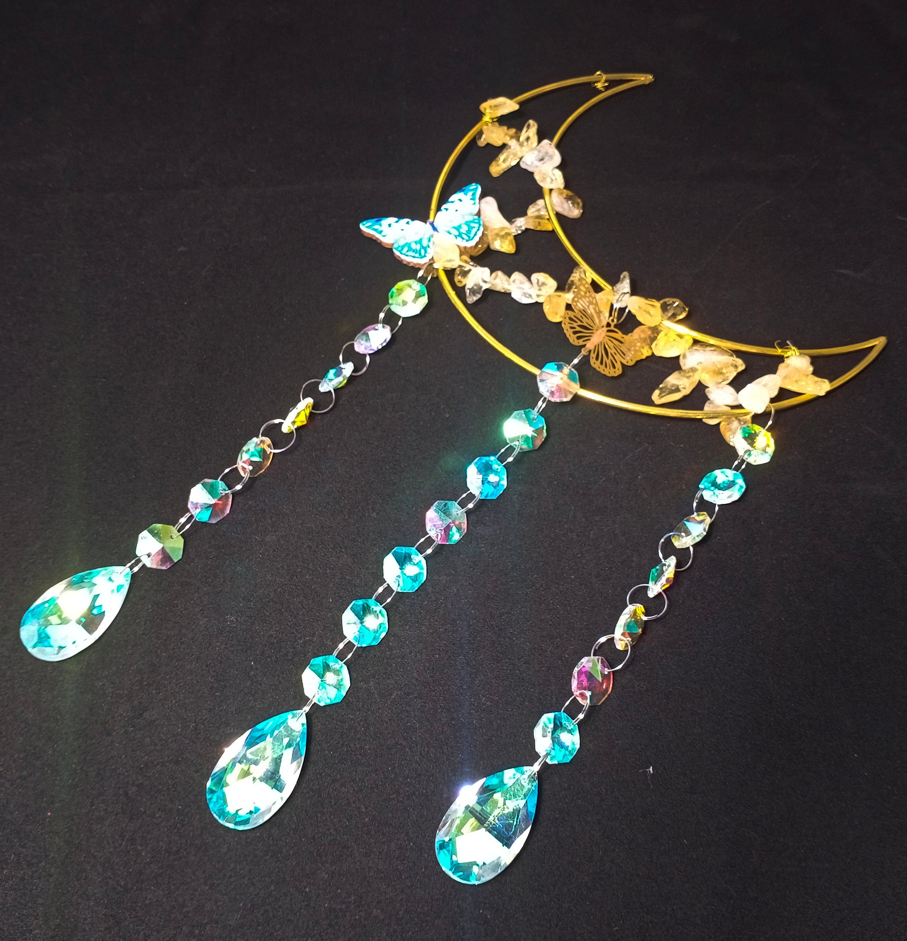 Moon Sun Catcher, Butterfly Suncatcher, Prism Sun Catcher, Hanging Crystals and Beads, Wall Hanging, Witch Suncatcher, Gift for Cat Lover