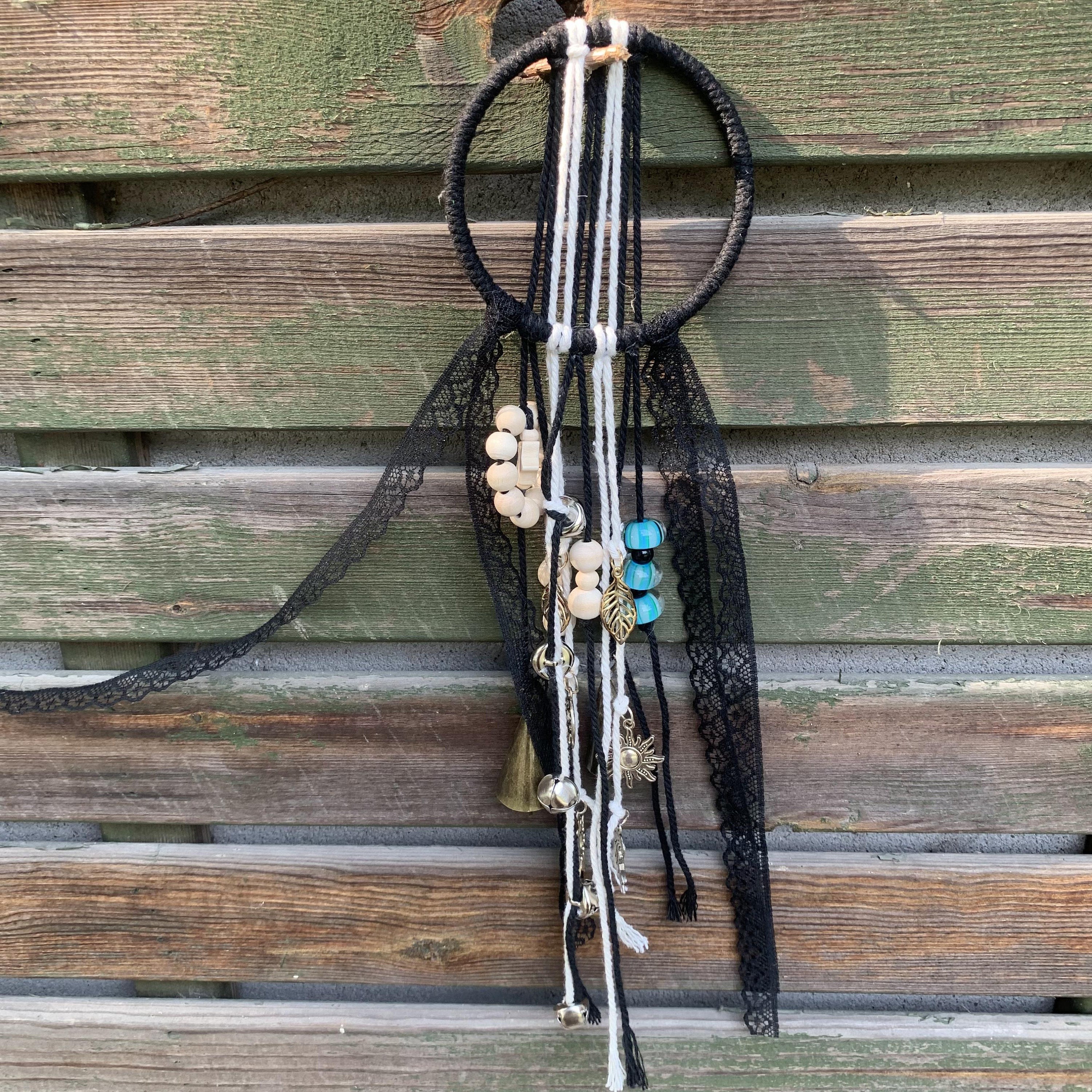 Black Witch Bells with Murano Glass Beads, Witch Protection Bells for Halloween, Wicca Altar House Doorknob Hanging Bell for Garden Decor