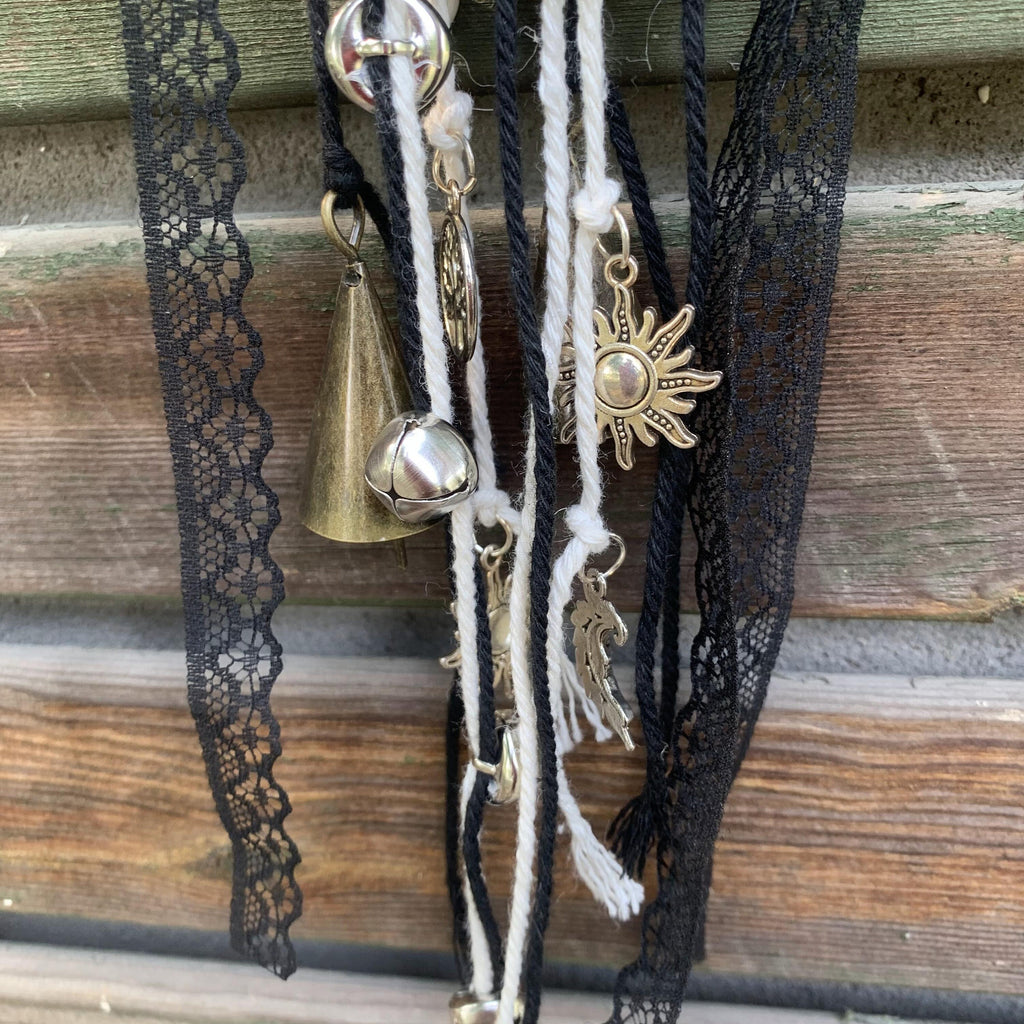 Black Witch Bells with Murano Glass Beads, Witch Protection Bells for Halloween, Wicca Altar House Doorknob Hanging Bell for Garden Decor